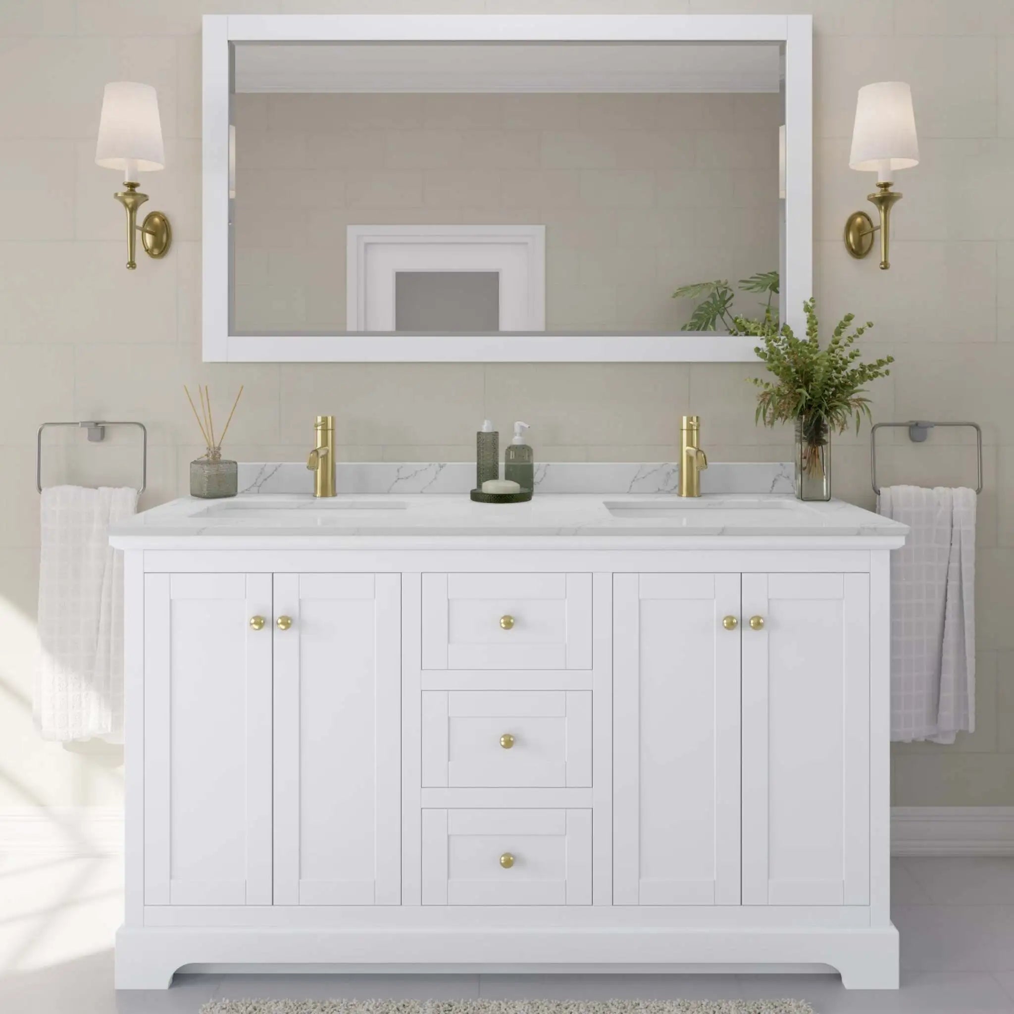 60" Avery Double Bathroom Vanity in White with Brushed Gold Trim & 58" Mirror by Wyndham
