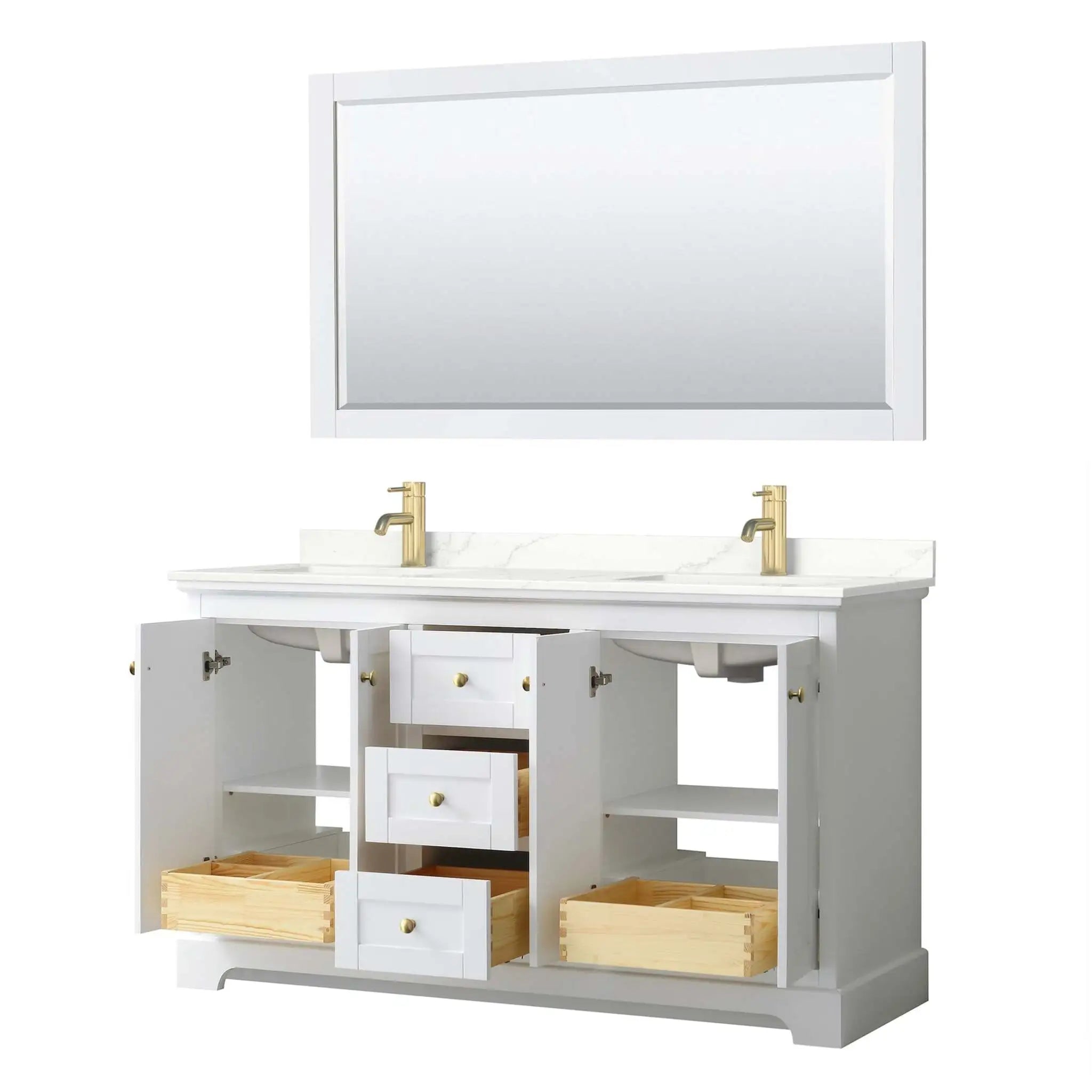 60" Avery Double Bathroom Vanity in White with Brushed Gold Trim & 58" Mirror by Wyndham