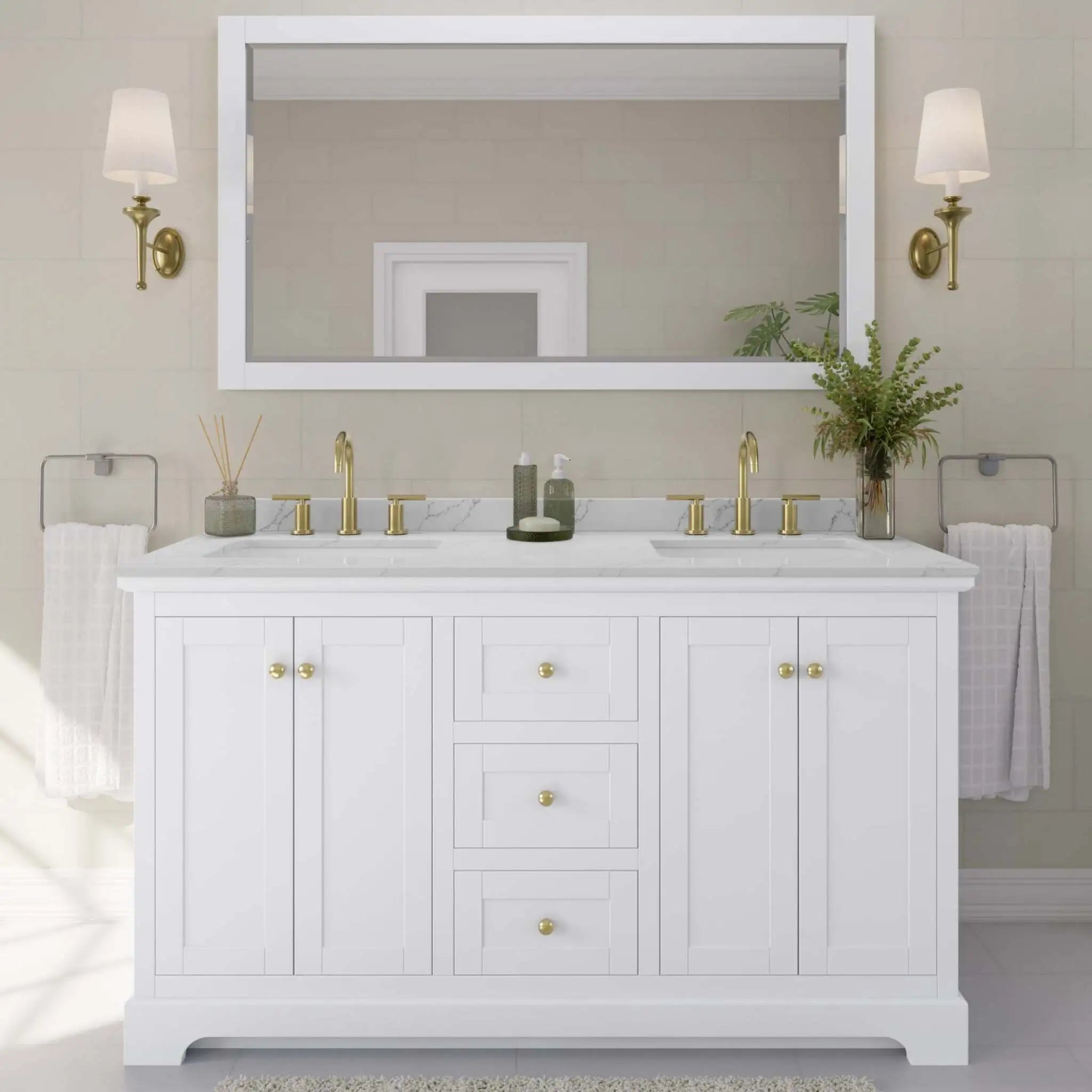 60" Avery Double Bathroom Vanity in White with Brushed Gold Trim & 58" Mirror by Wyndham