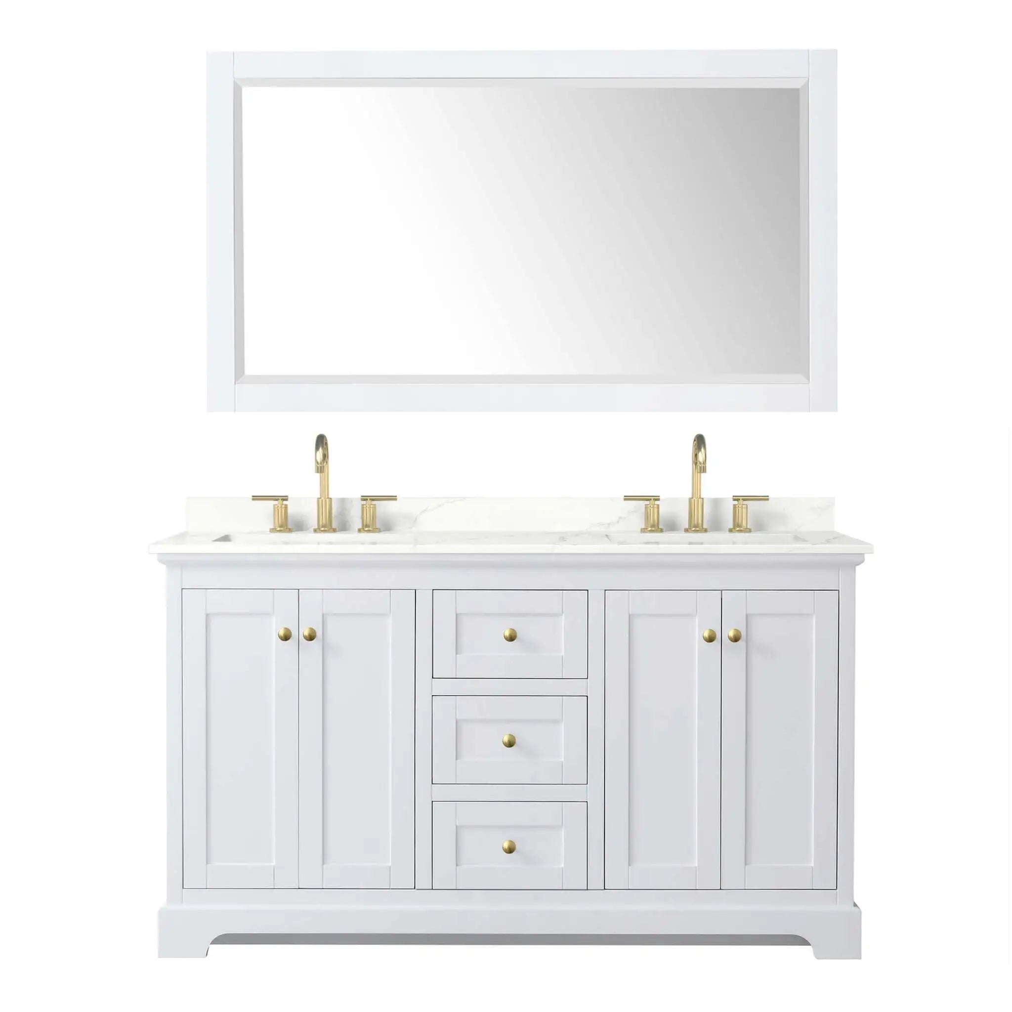 60" Avery Double Bathroom Vanity in White with Brushed Gold Trim & 58" Mirror by Wyndham