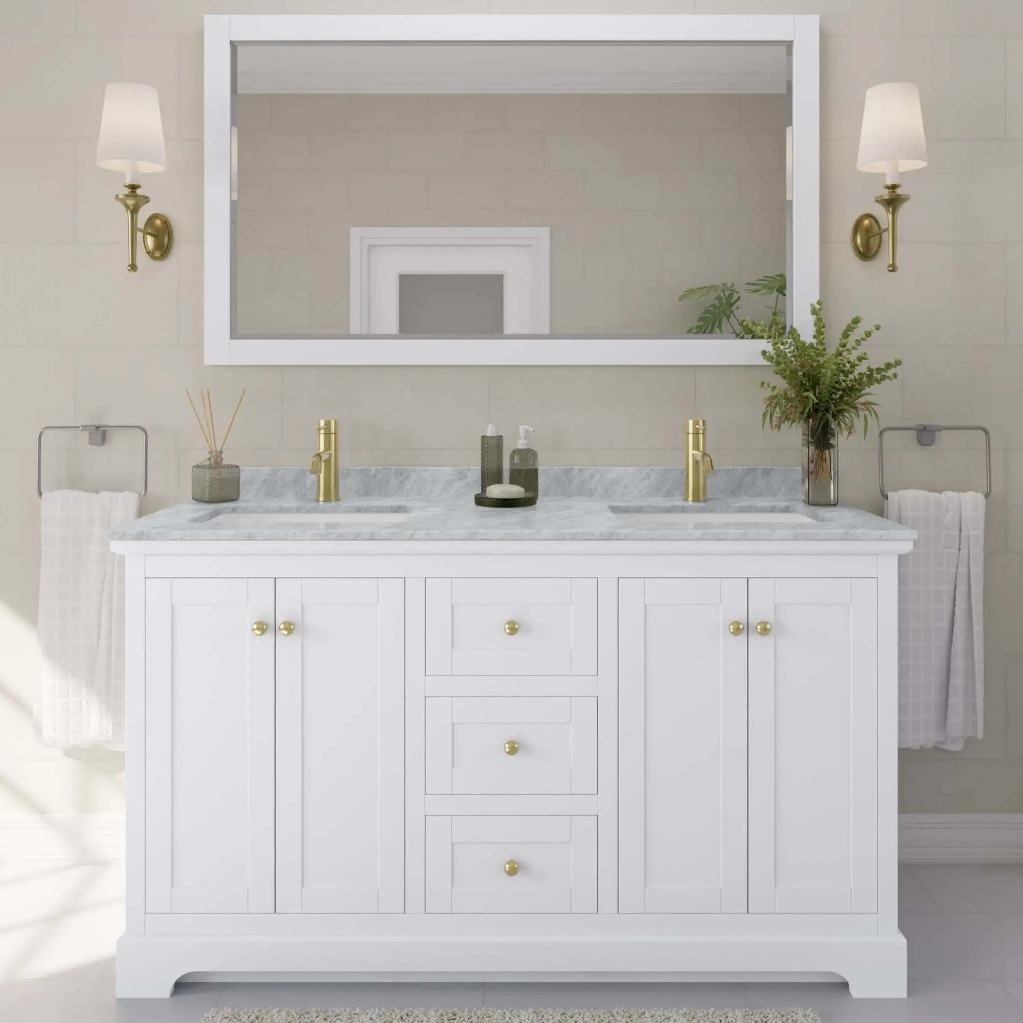 60" Avery Double Bathroom Vanity in White with Brushed Gold Trim & 58" Mirror by Wyndham