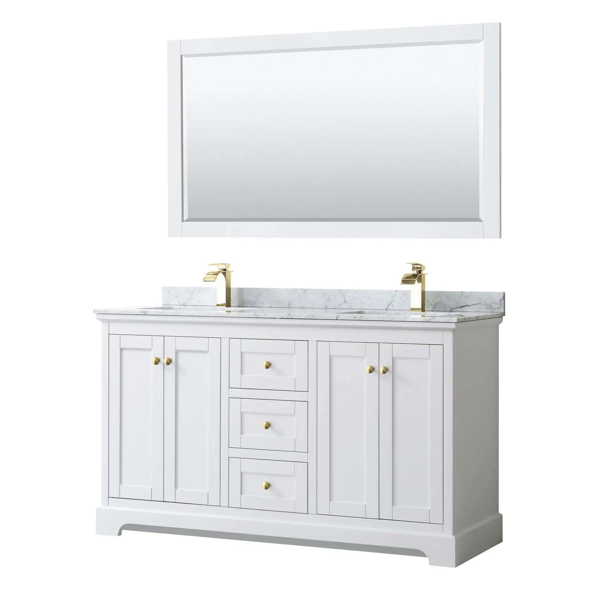 60" Avery Double Bathroom Vanity in White with Brushed Gold Trim & 58" Mirror by Wyndham