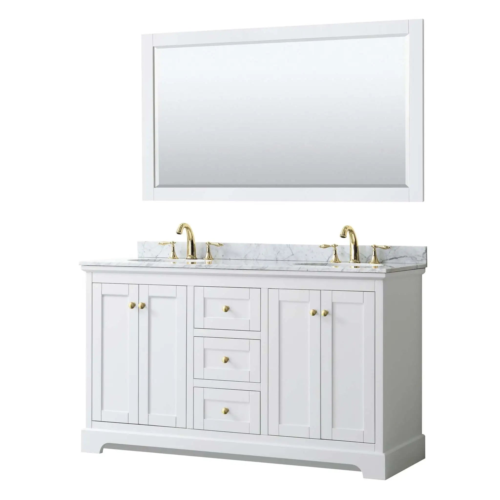 60" Avery Double Bathroom Vanity in White with Brushed Gold Trim & 58" Mirror by Wyndham