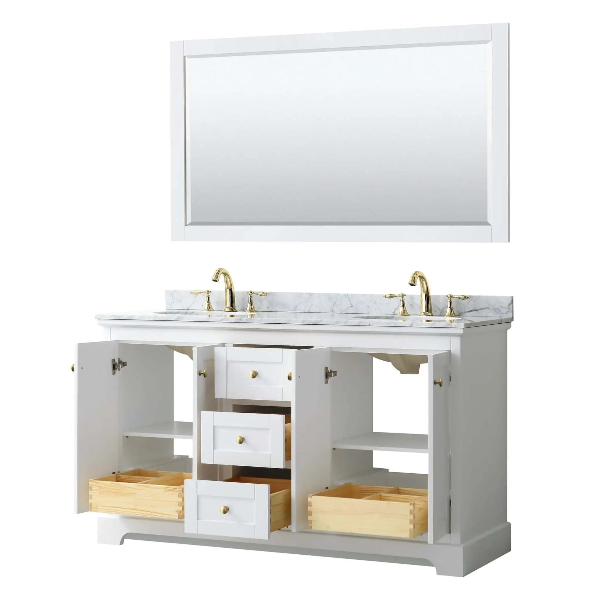 60" Avery Double Bathroom Vanity in White with Brushed Gold Trim & 58" Mirror by Wyndham