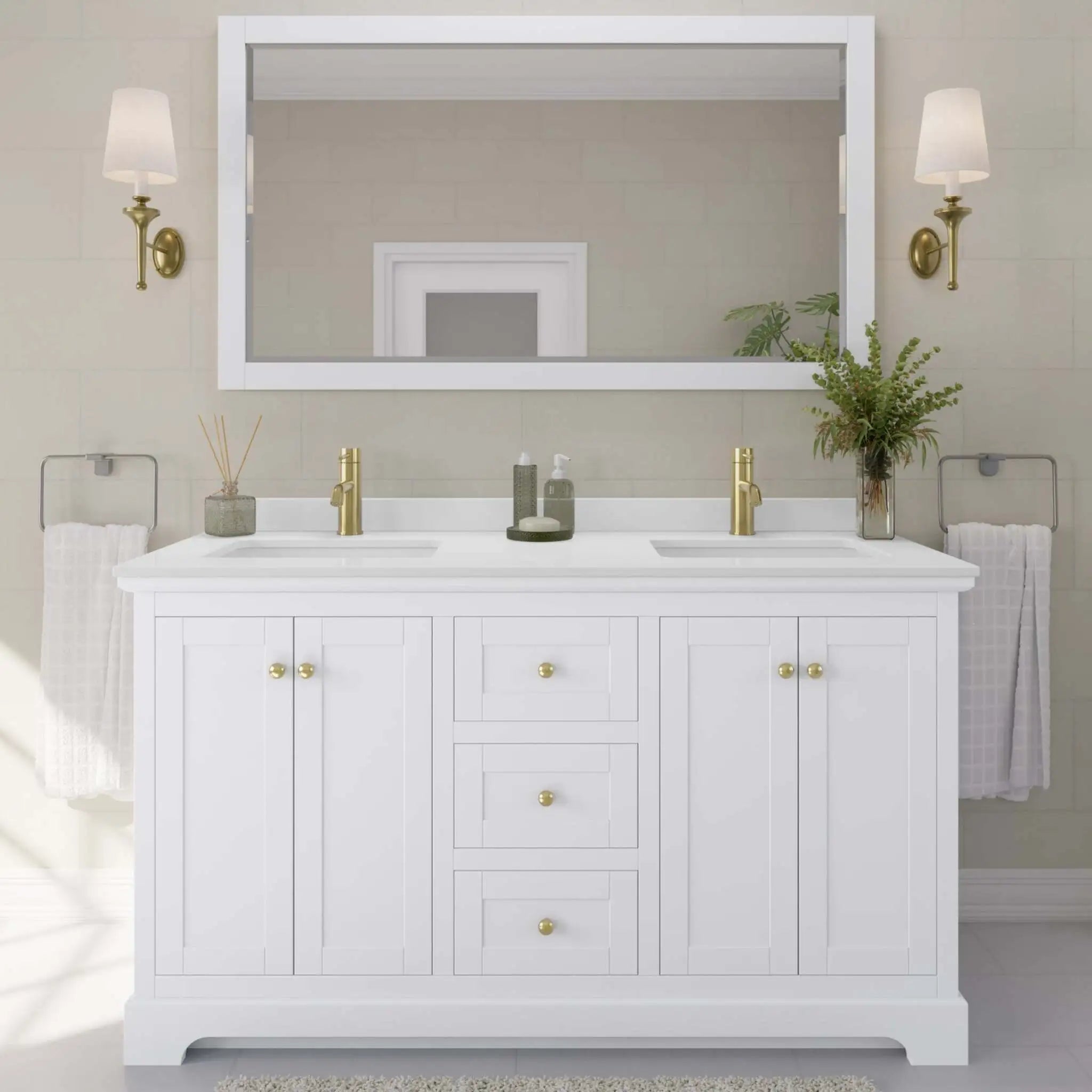 60" Avery Double Bathroom Vanity in White with Brushed Gold Trim & 58" Mirror by Wyndham