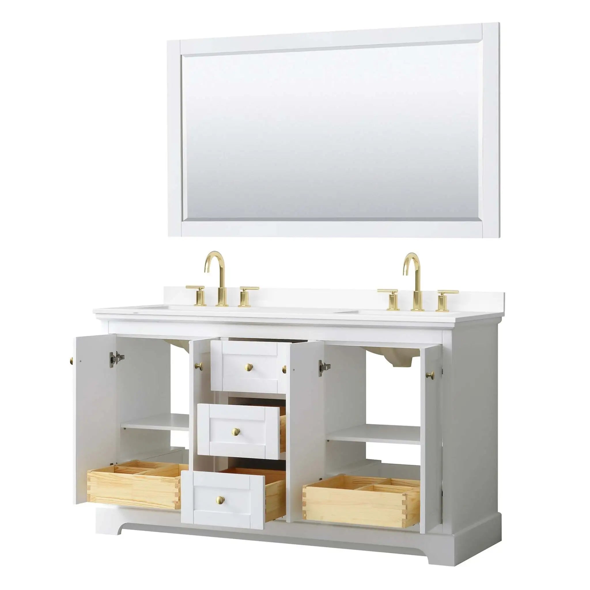 60" Avery Double Bathroom Vanity in White with Brushed Gold Trim & 58" Mirror by Wyndham