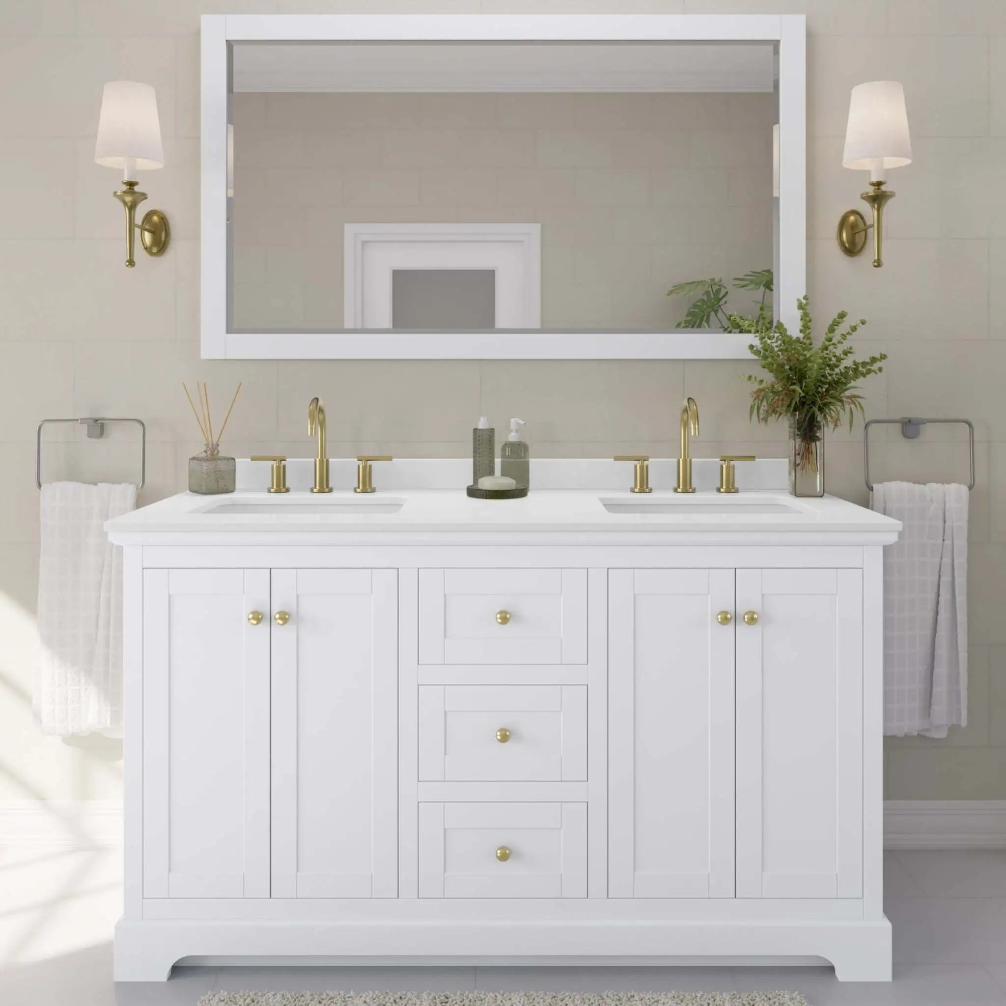 60" Avery Double Bathroom Vanity in White with Brushed Gold Trim & 58" Mirror by Wyndham