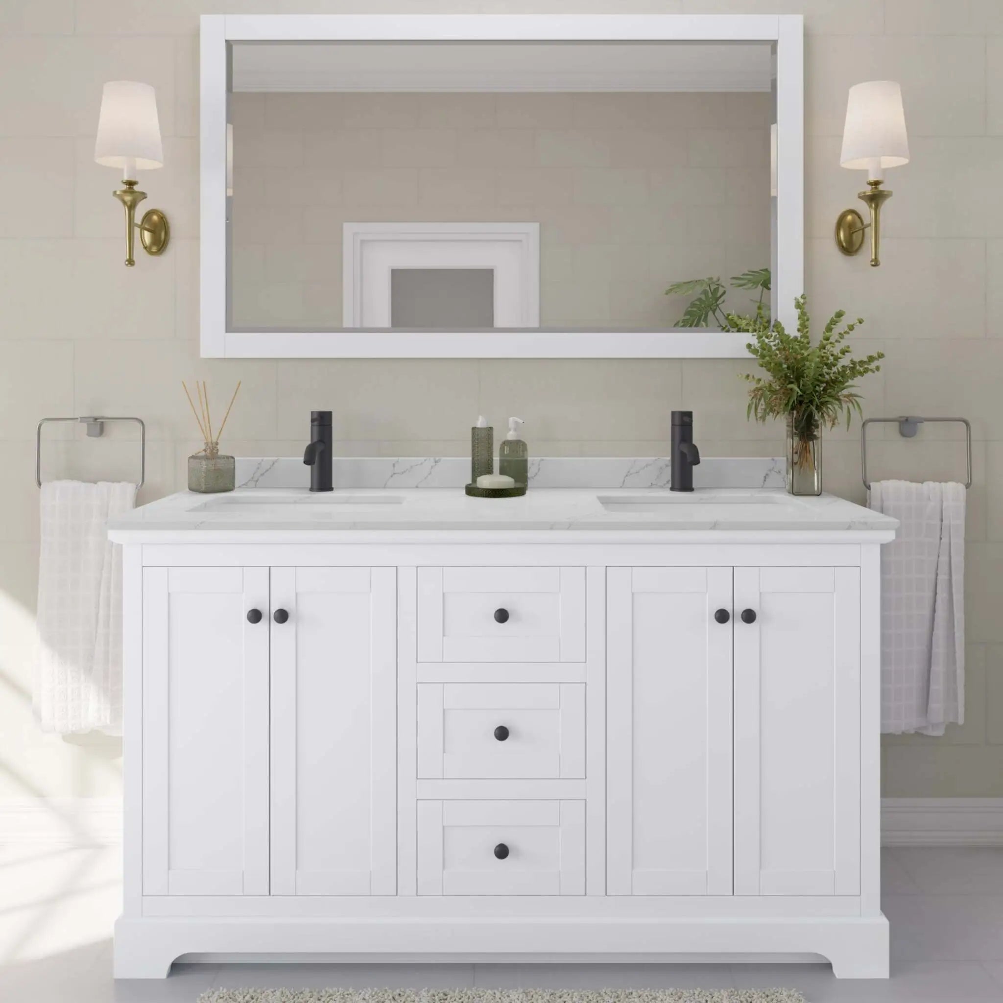 60" Avery Double Bathroom Vanity in White with Matte Black Trim & 58" Mirror by Wyndham