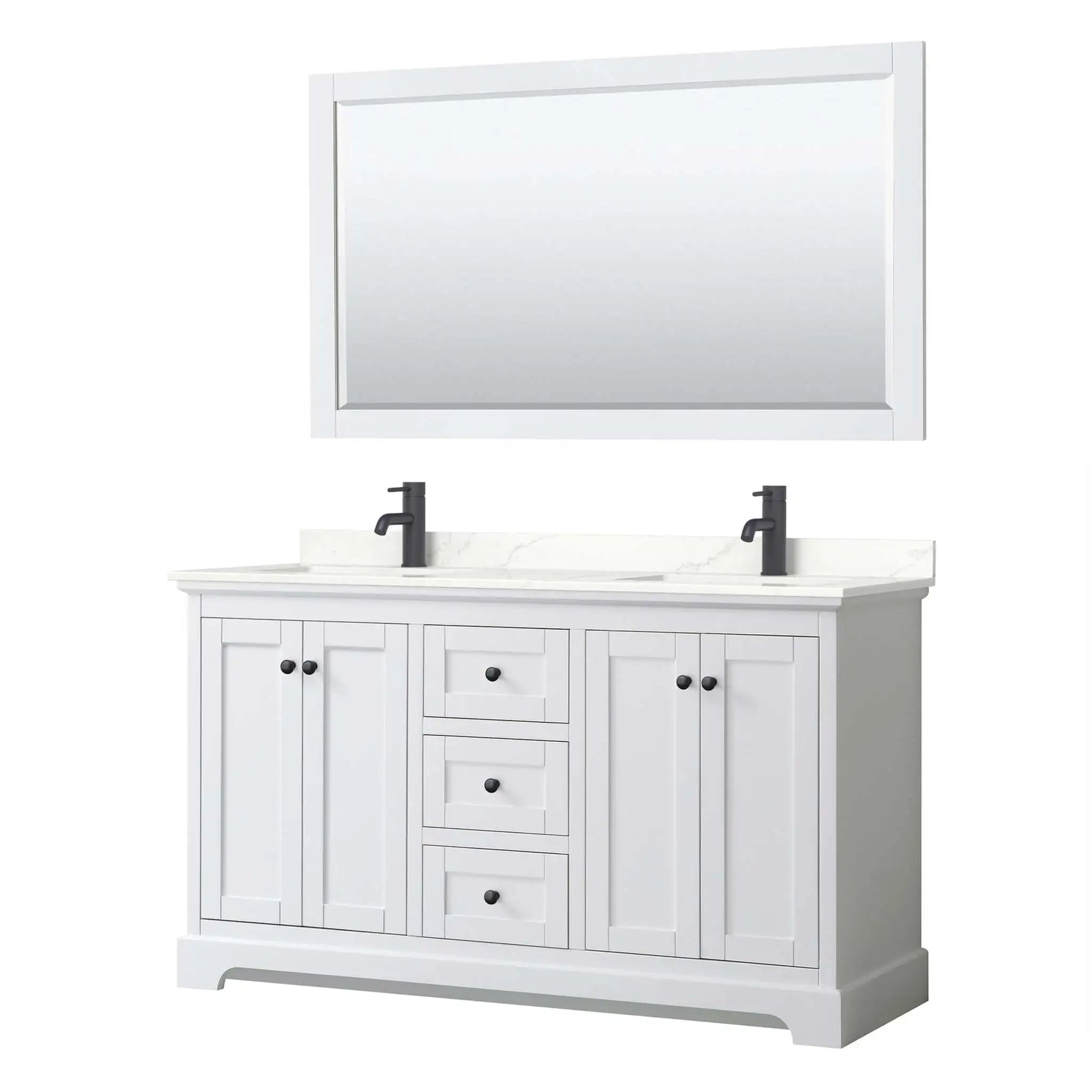 60" Avery Double Bathroom Vanity in White with Matte Black Trim & 58" Mirror by Wyndham