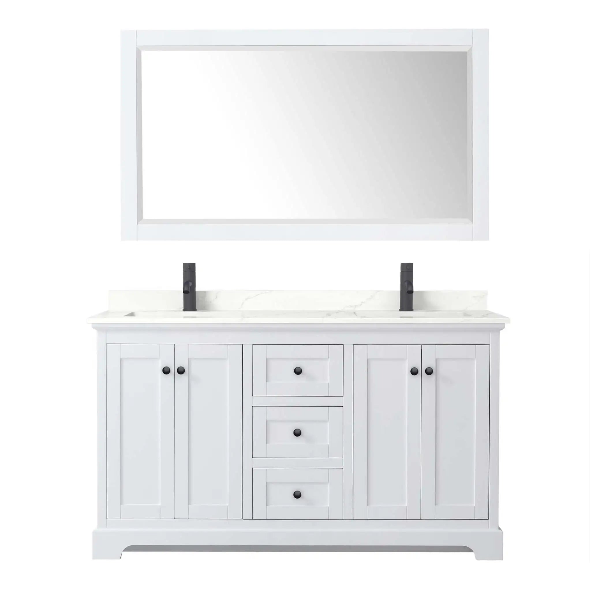 60" Avery Double Bathroom Vanity in White with Matte Black Trim & 58" Mirror by Wyndham