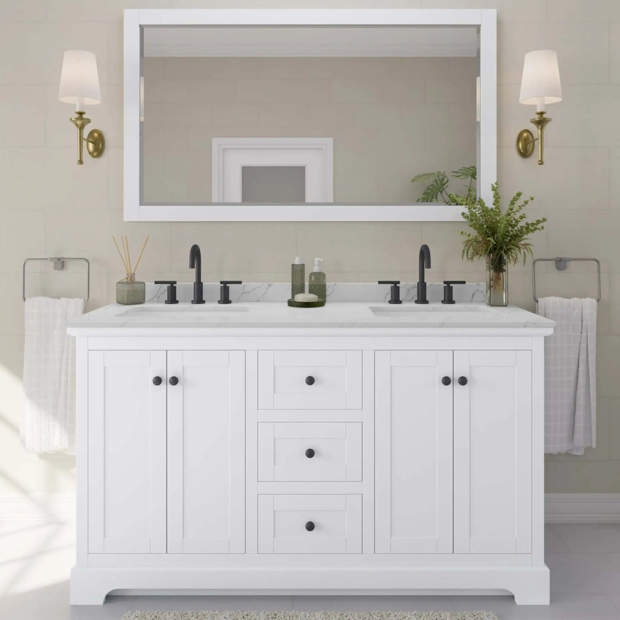 60" Avery Double Bathroom Vanity in White with Matte Black Trim & 58" Mirror by Wyndham
