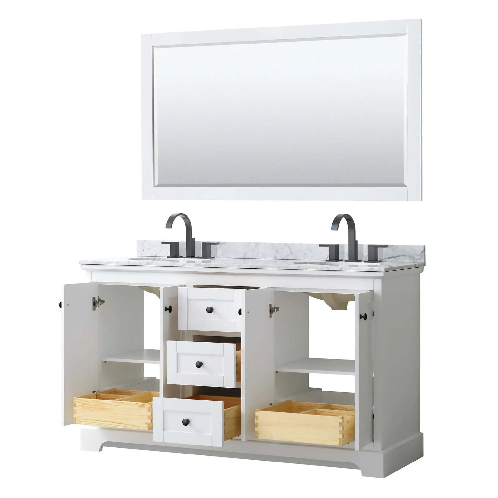60" Avery Double Bathroom Vanity in White with Matte Black Trim & 58" Mirror by Wyndham