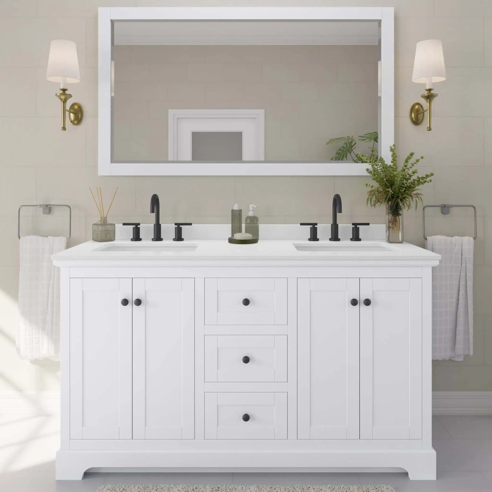 60" Avery Double Bathroom Vanity in White with Matte Black Trim & 58" Mirror by Wyndham