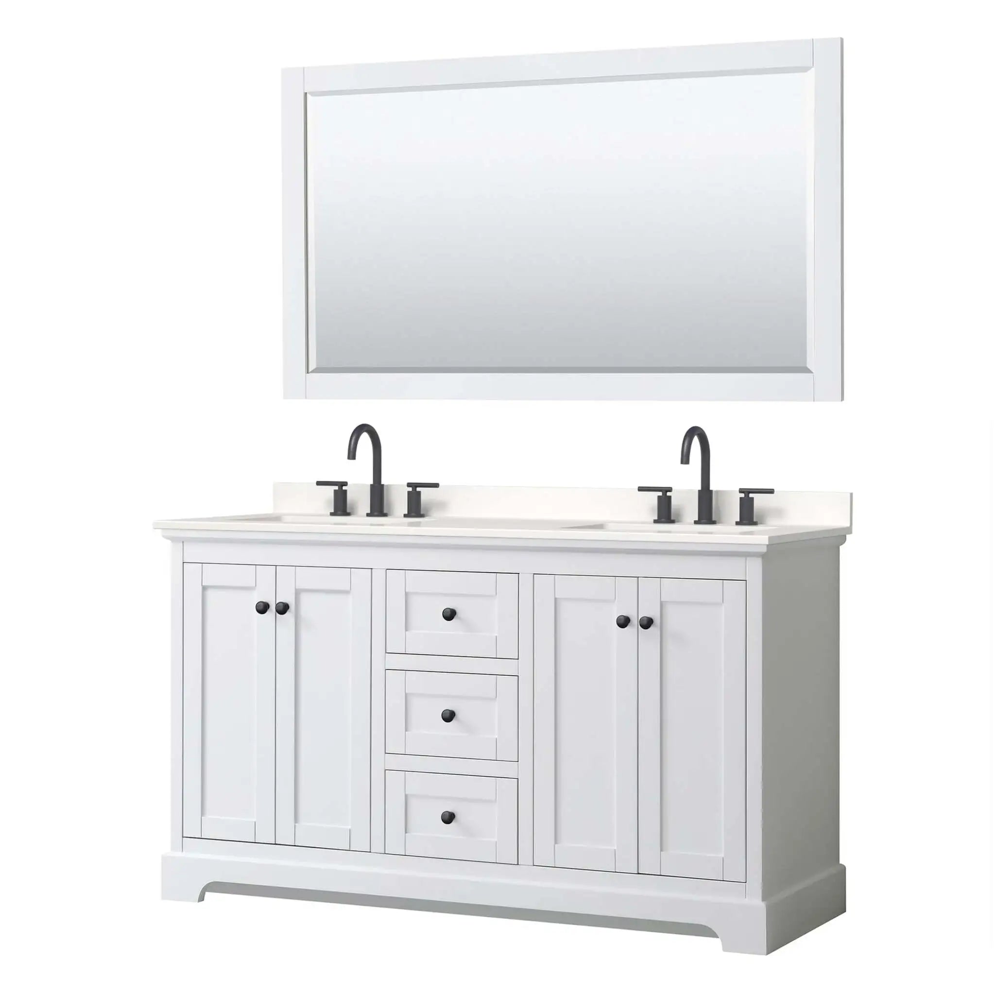 60" Avery Double Bathroom Vanity in White with Matte Black Trim & 58" Mirror by Wyndham