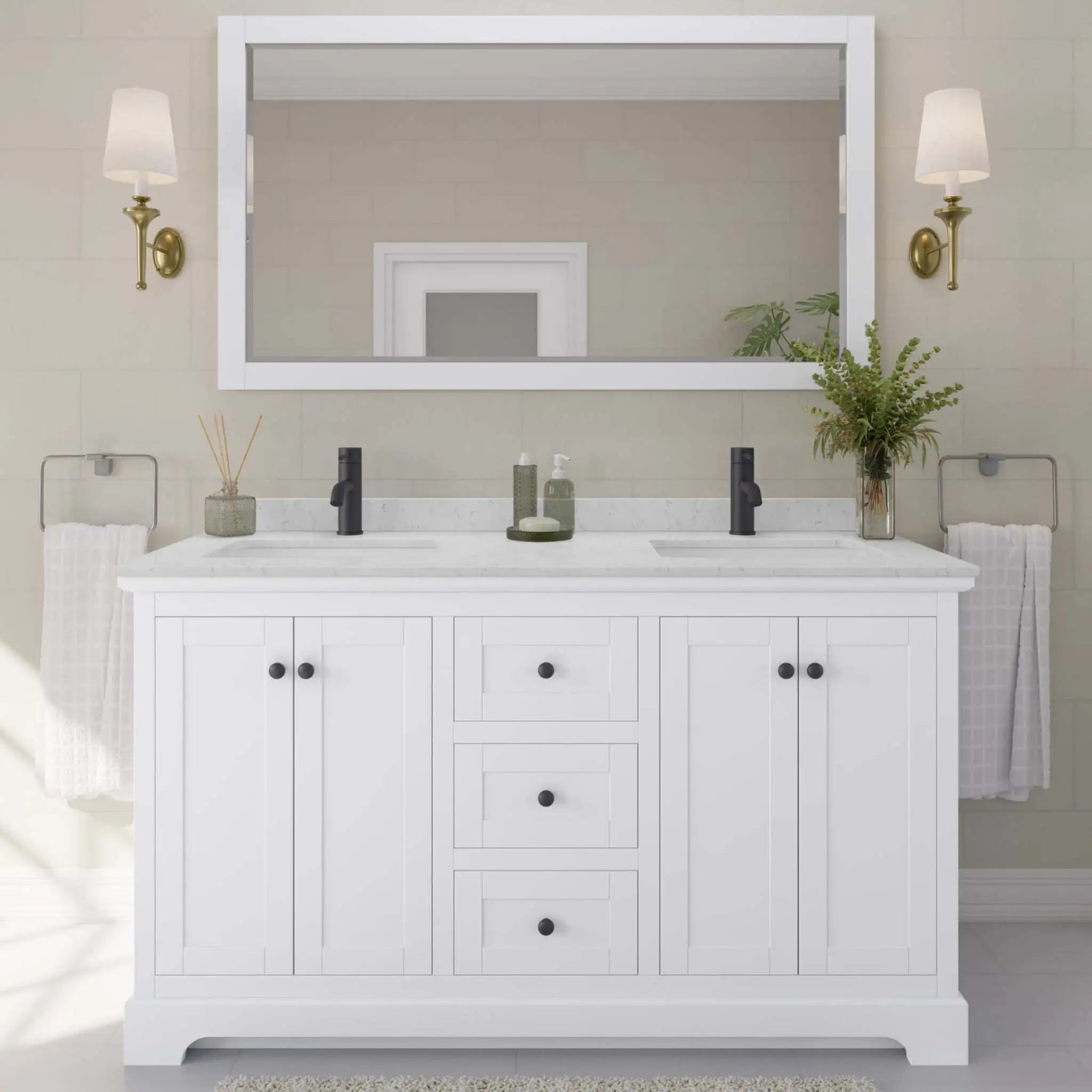 60" Avery Double Bathroom Vanity in White with Matte Black Trim by Wyndham