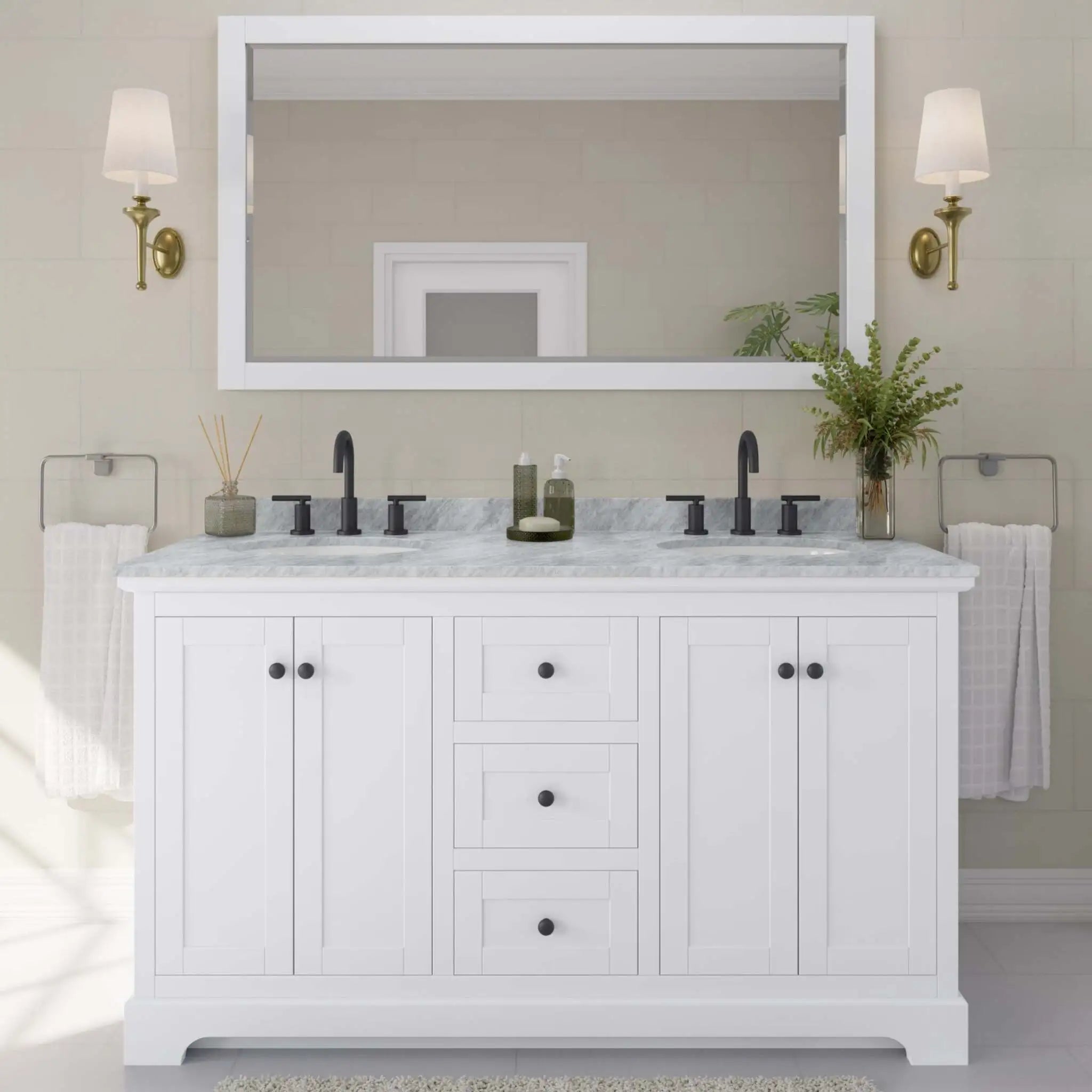 60" Avery Double Bathroom Vanity in White with Matte Black Trim by Wyndham