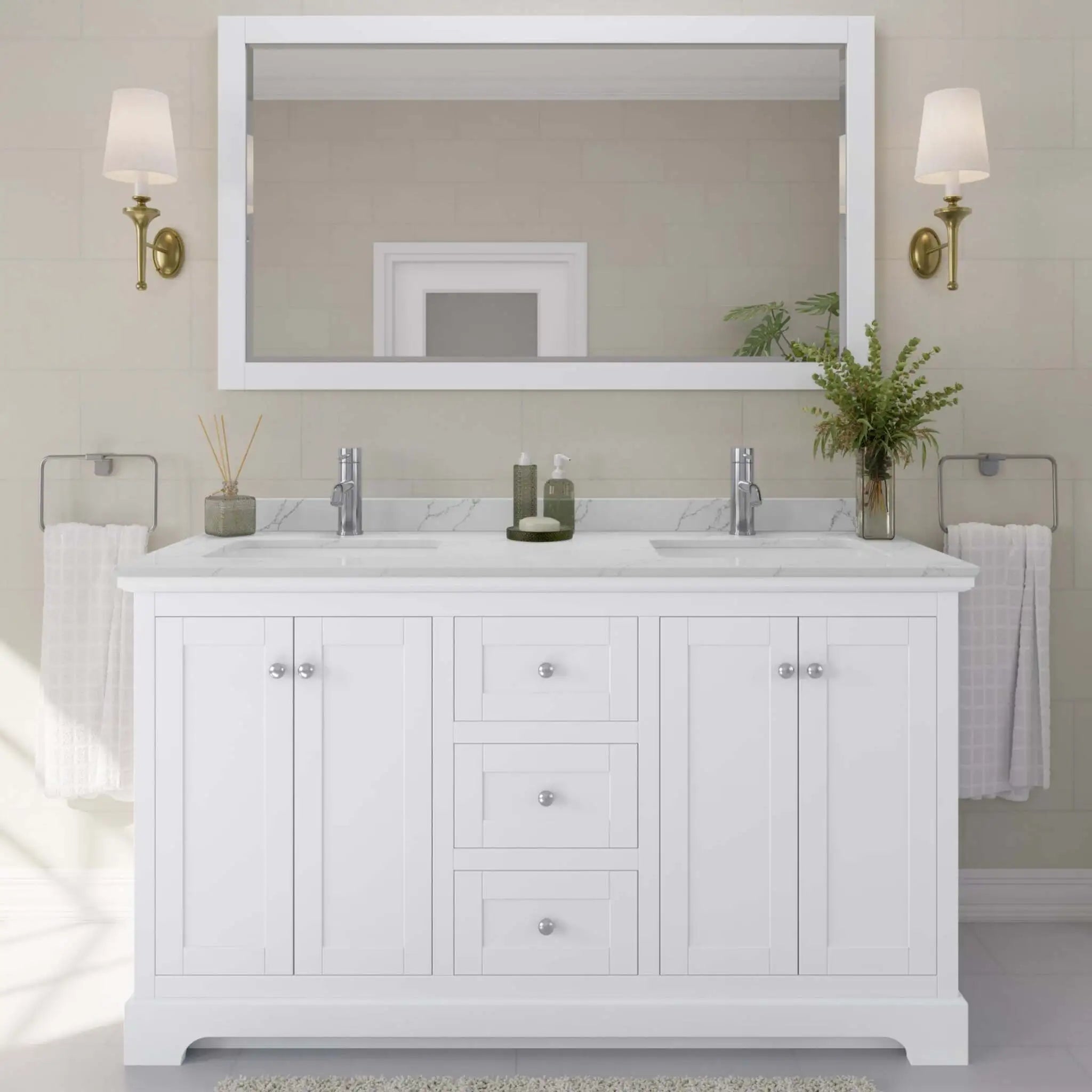 60" Avery Double Bathroom Vanity in White with Polished Chrome Trim & 58" Mirror by Wyndham