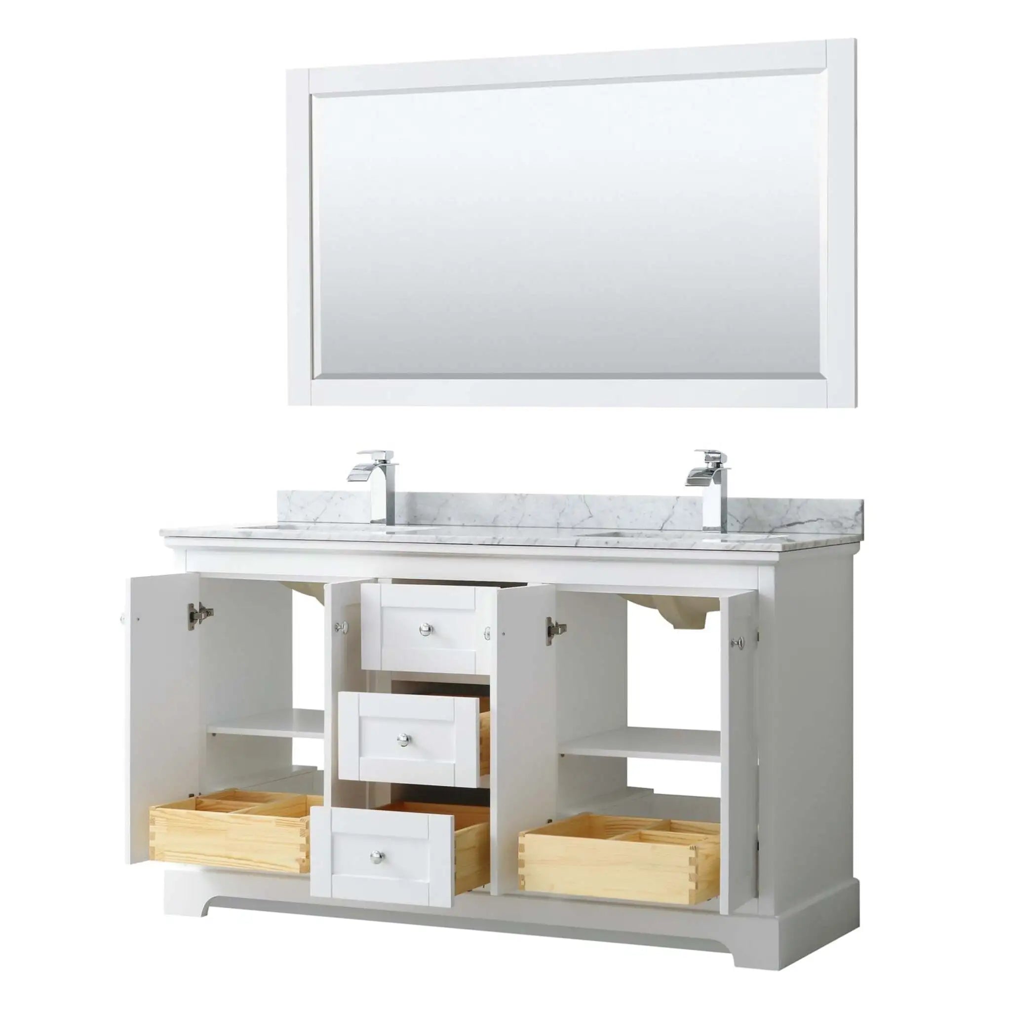60" Avery Double Bathroom Vanity in White with Polished Chrome Trim & 58" Mirror by Wyndham