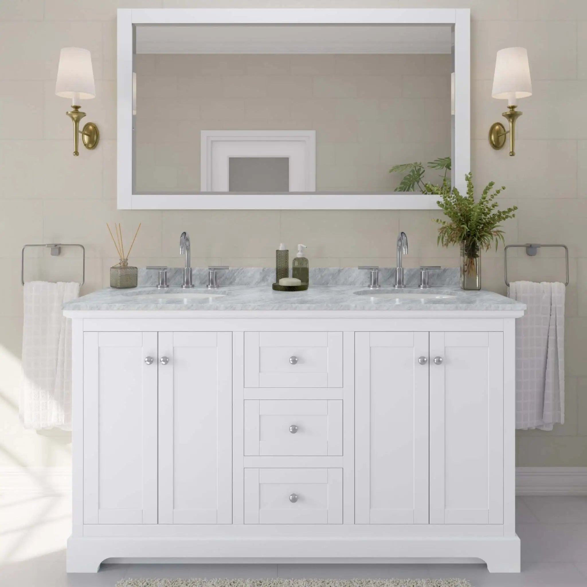60" Avery Double Bathroom Vanity in White with Polished Chrome Trim & 58" Mirror by Wyndham