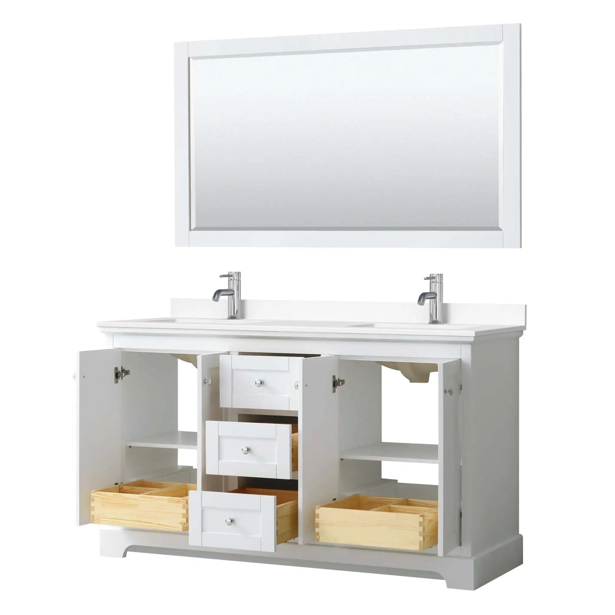 60" Avery Double Bathroom Vanity in White with Polished Chrome Trim & 58" Mirror by Wyndham