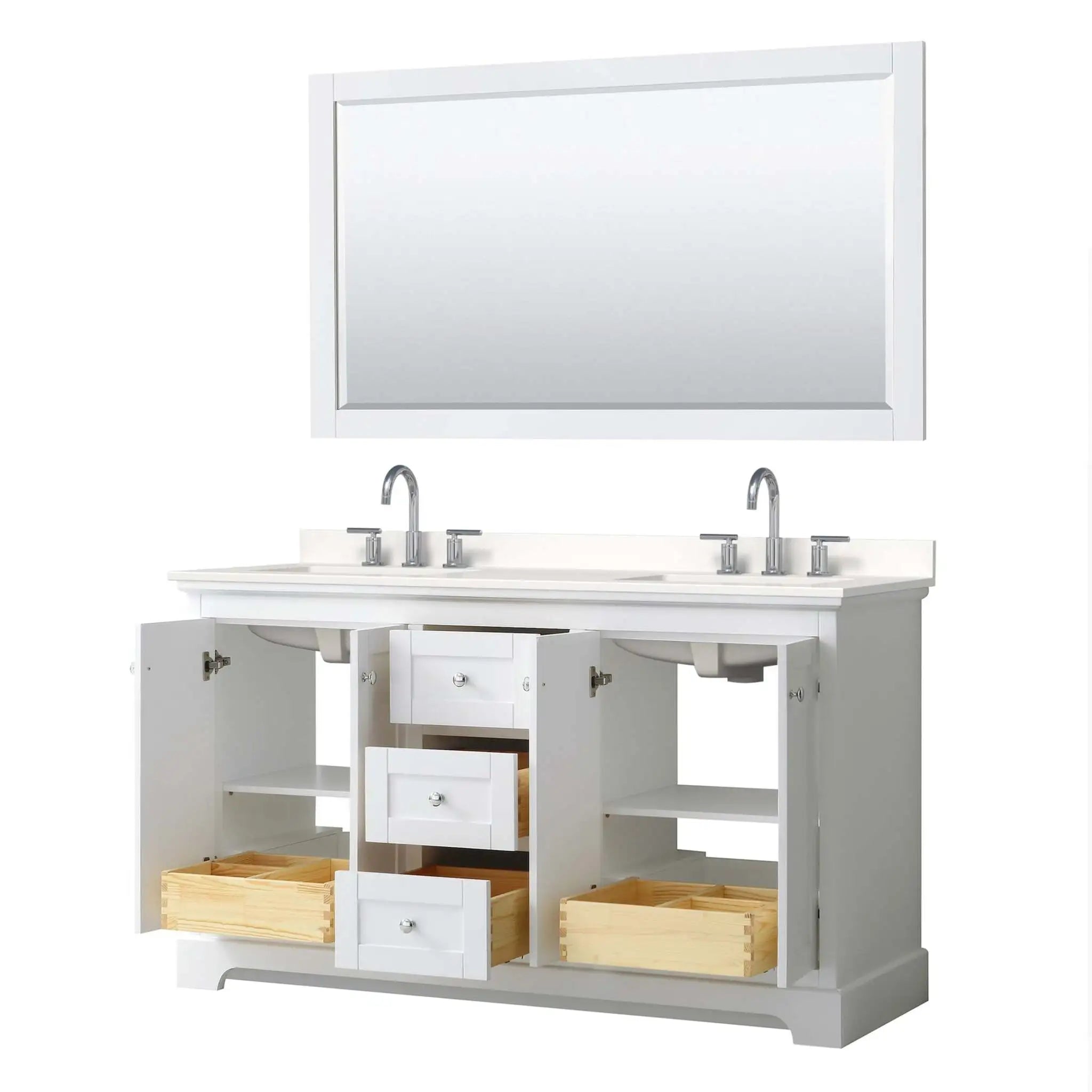 60" Avery Double Bathroom Vanity in White with Polished Chrome Trim & 58" Mirror by Wyndham