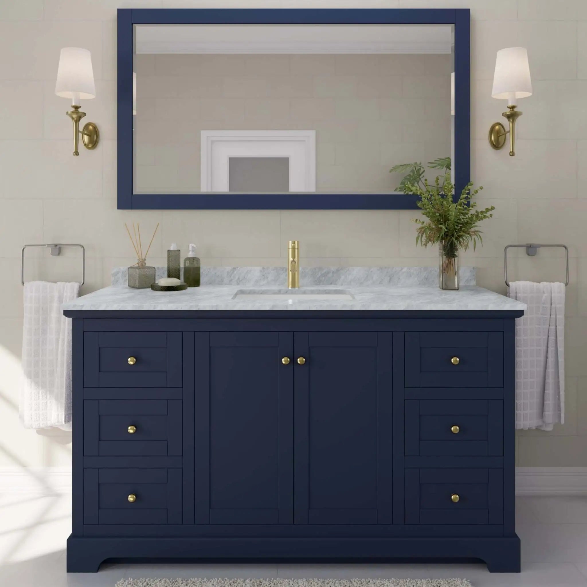 60" Avery Single Bathroom Vanity in Dark Blue with Brushed Gold Trim & 58" Mirror by Wyndham