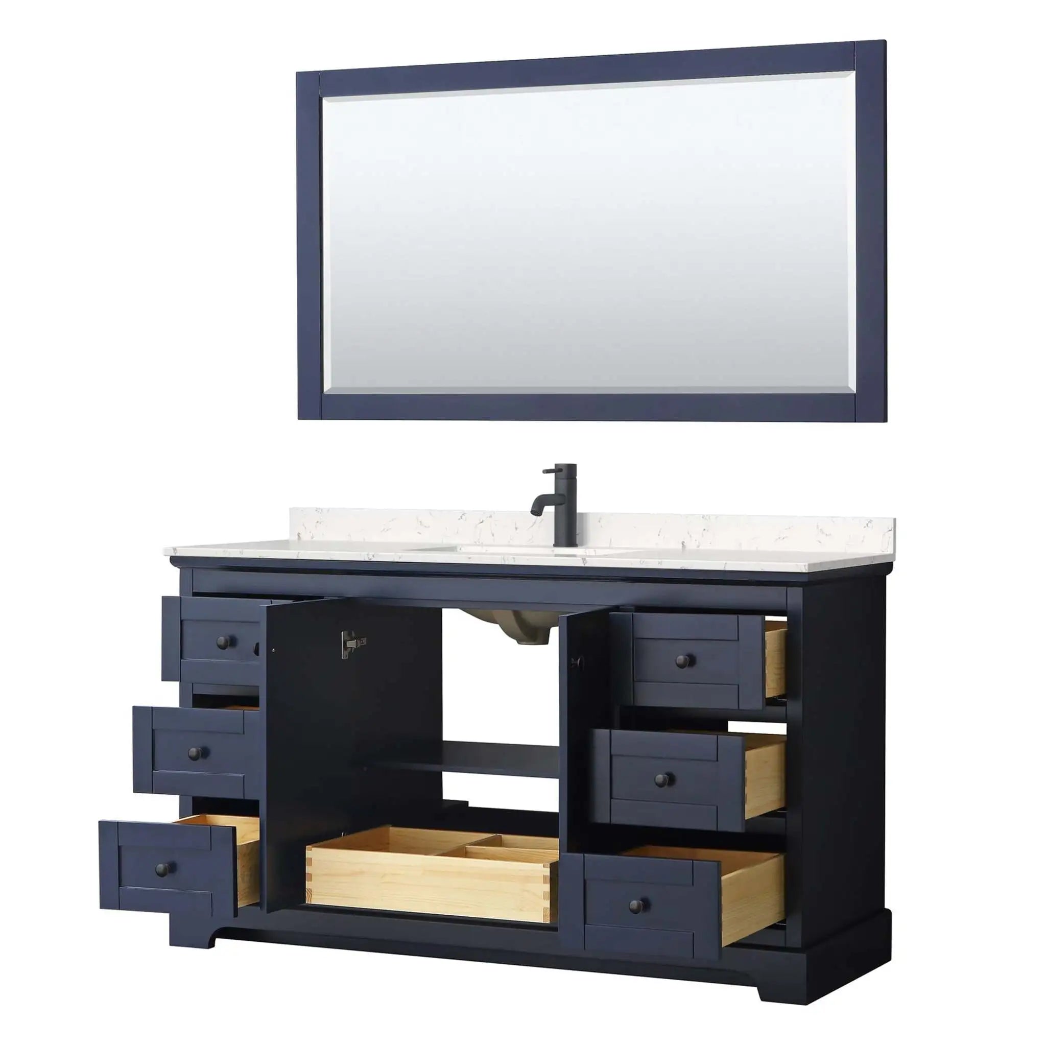 60" Avery Single Bathroom Vanity in Dark Blue with Matte Black Trim & 58" Mirror by Wyndham