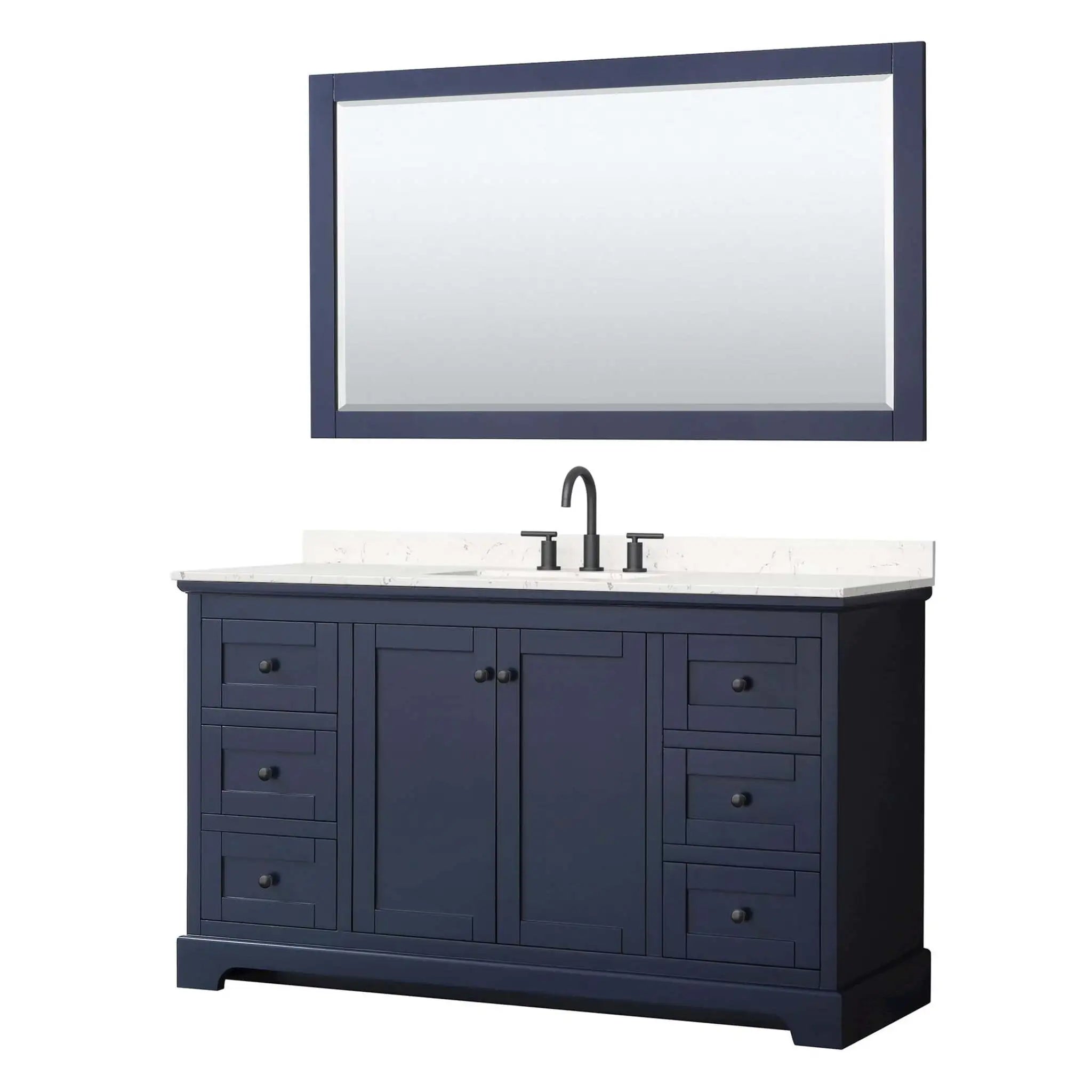 60" Avery Single Bathroom Vanity in Dark Blue with Matte Black Trim & 58" Mirror by Wyndham