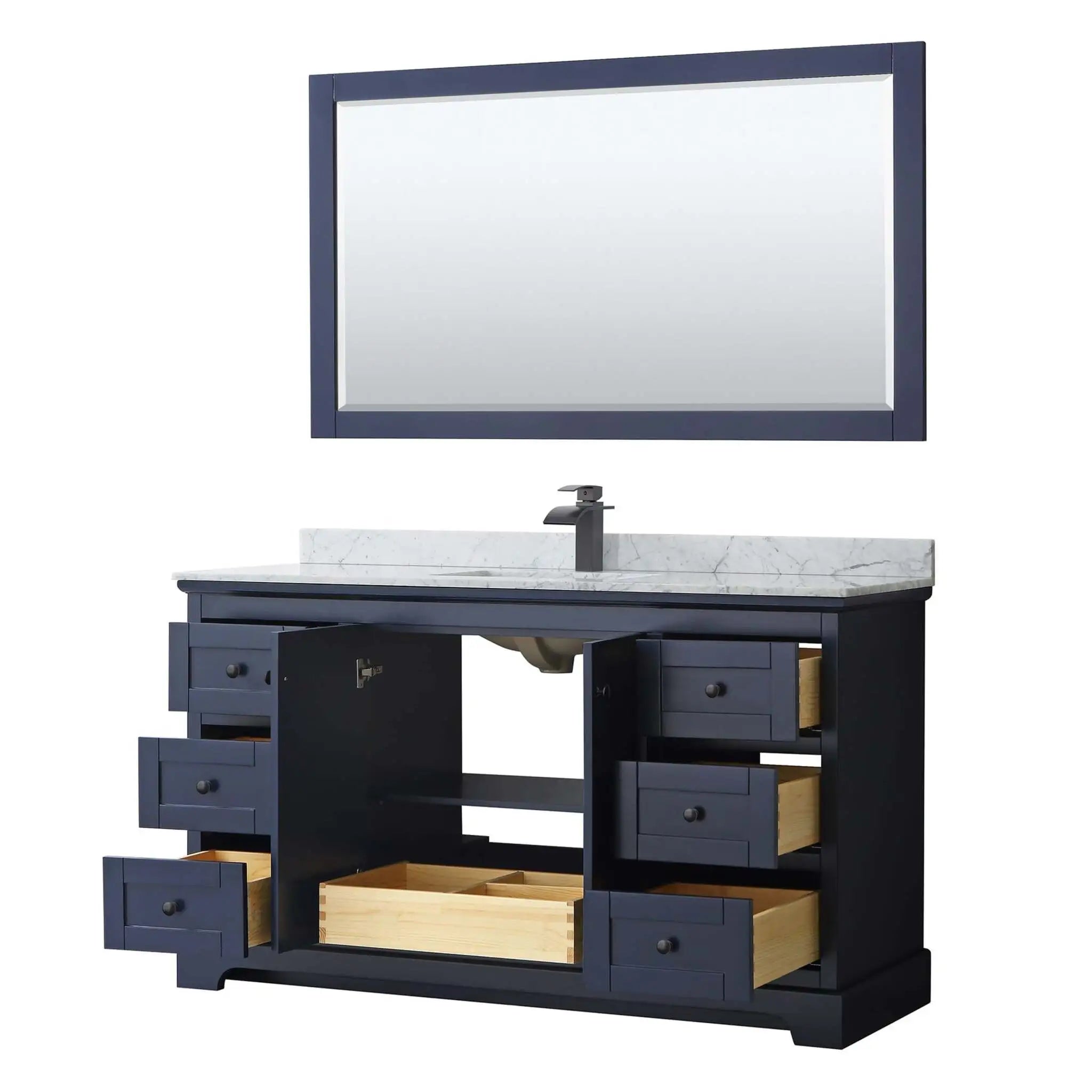 60" Avery Single Bathroom Vanity in Dark Blue with Matte Black Trim & 58" Mirror by Wyndham