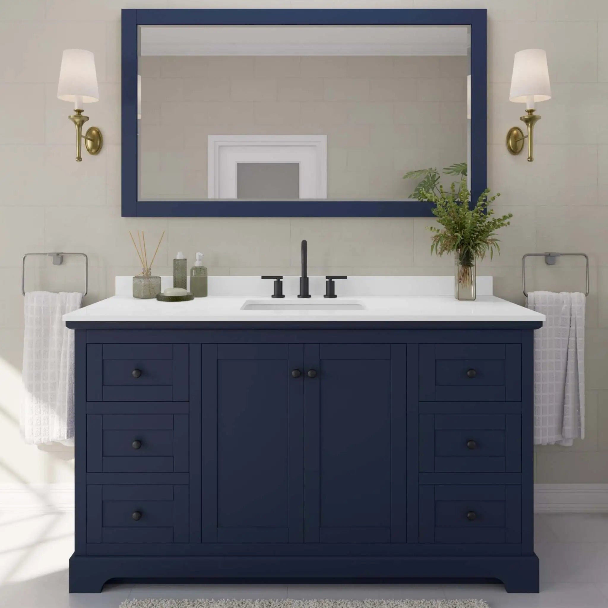 60" Avery Single Bathroom Vanity in Dark Blue with Matte Black Trim & 58" Mirror by Wyndham