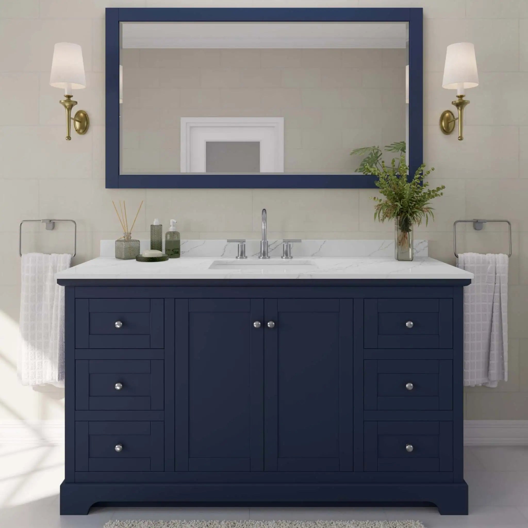60" Avery Single Bathroom Vanity in Dark Blue with Polished Chrome Trim & 58" Mirror by Wyndham