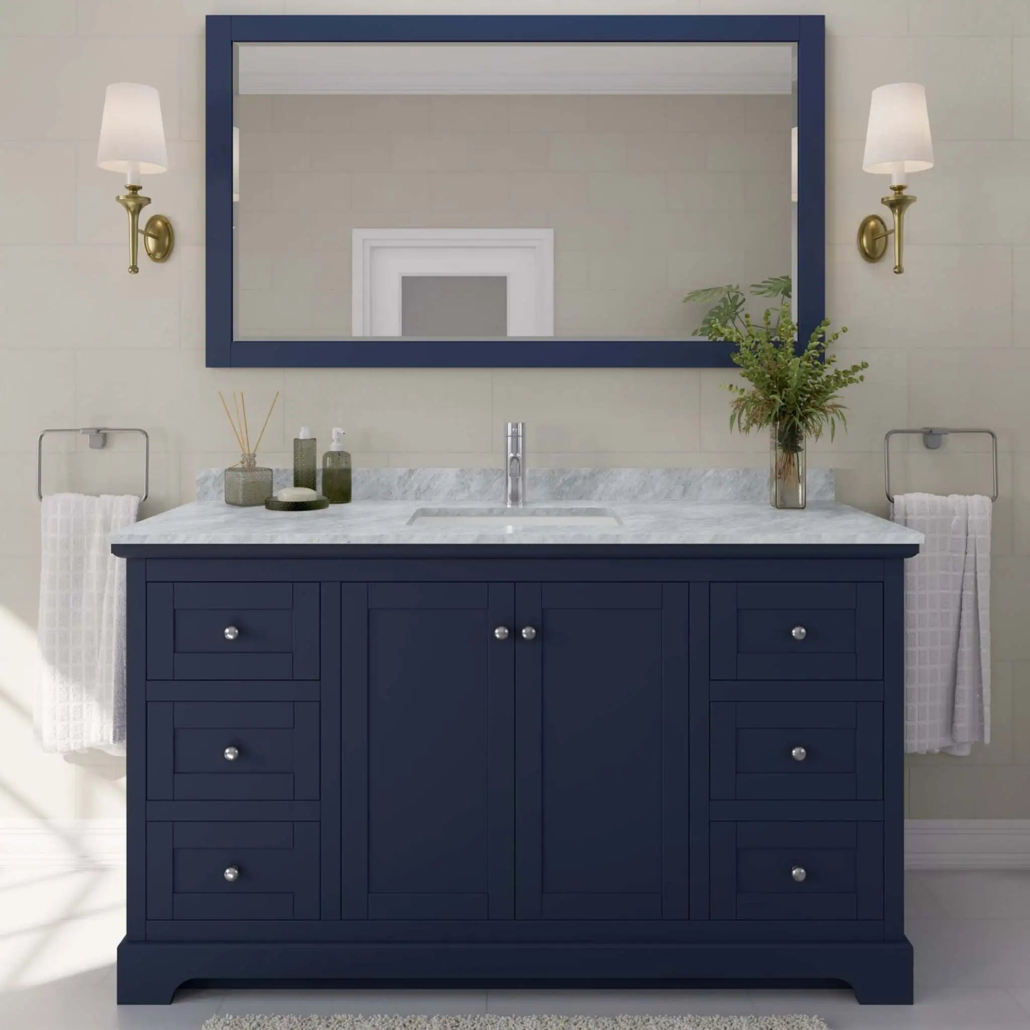 60" Avery Single Bathroom Vanity in Dark Blue with Polished Chrome Trim & 58" Mirror by Wyndham