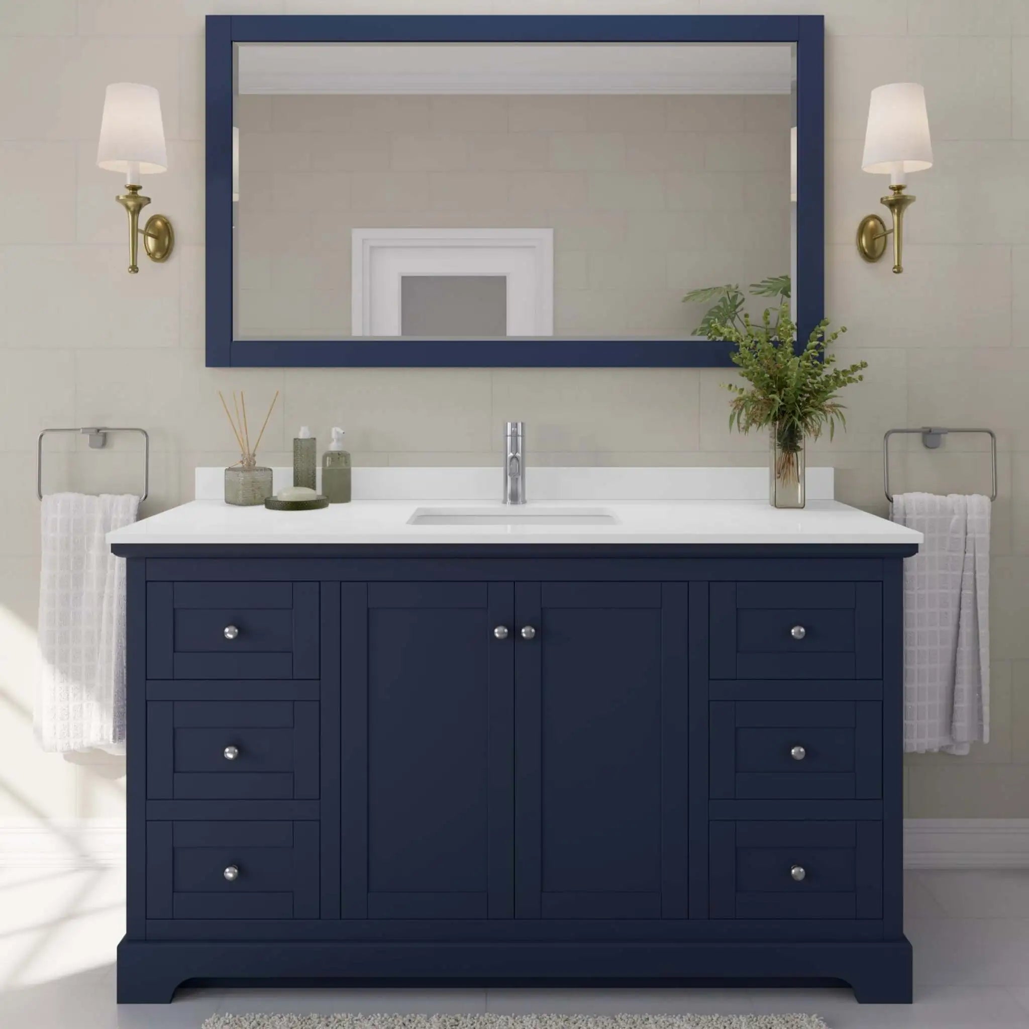 60" Avery Single Bathroom Vanity in Dark Blue with Polished Chrome Trim & 58" Mirror by Wyndham