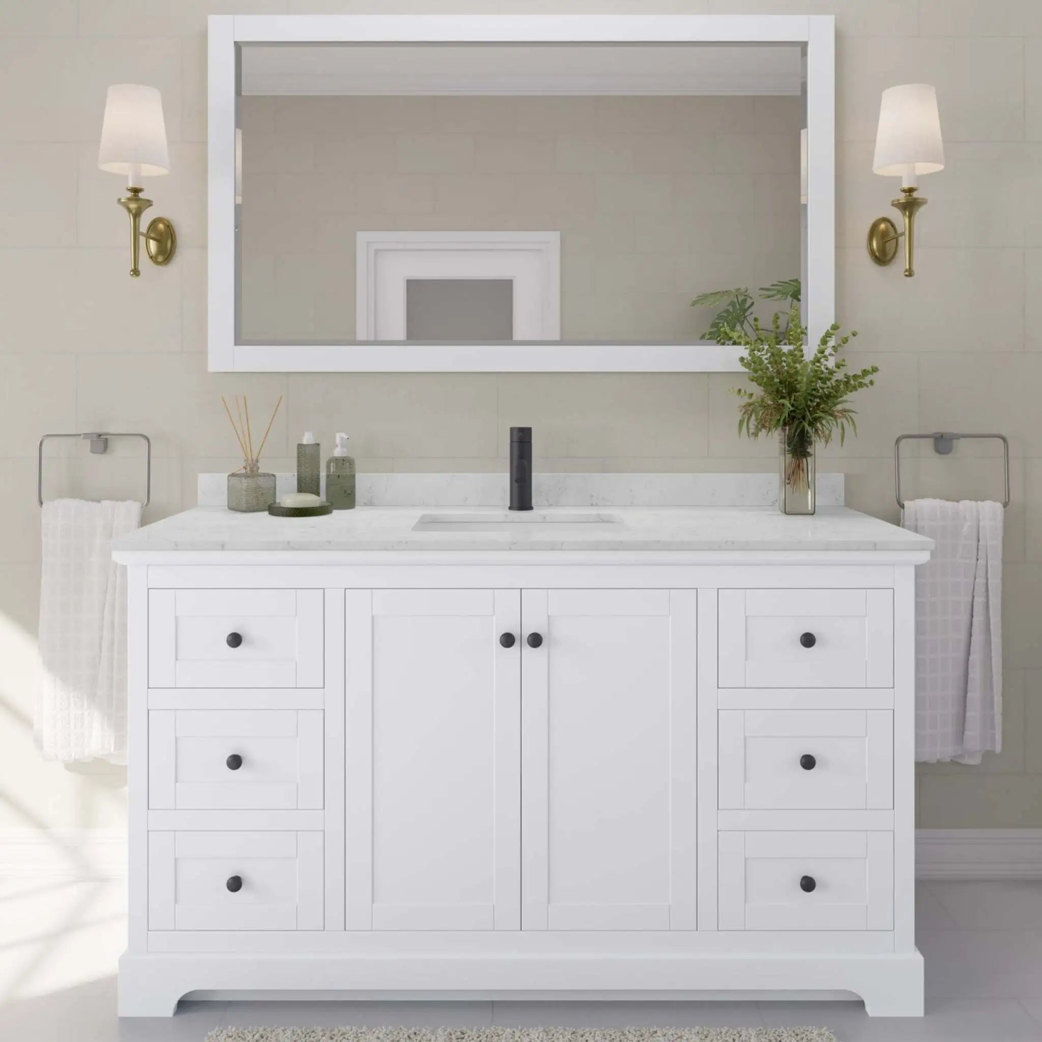 60" Avery Single Bathroom Vanity in White with Matte Black Trim & 58" Mirror by Wyndham