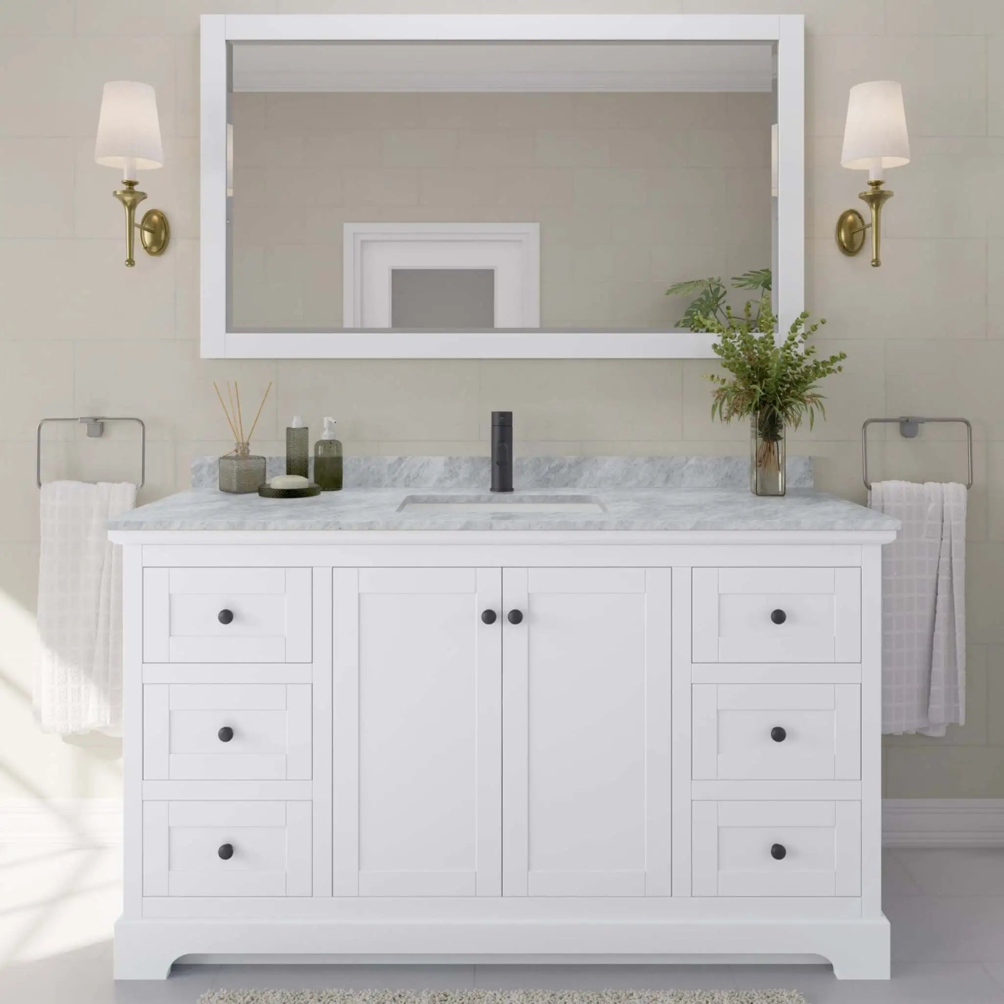 60" Avery Single Bathroom Vanity in White with Matte Black Trim & 58" Mirror by Wyndham
