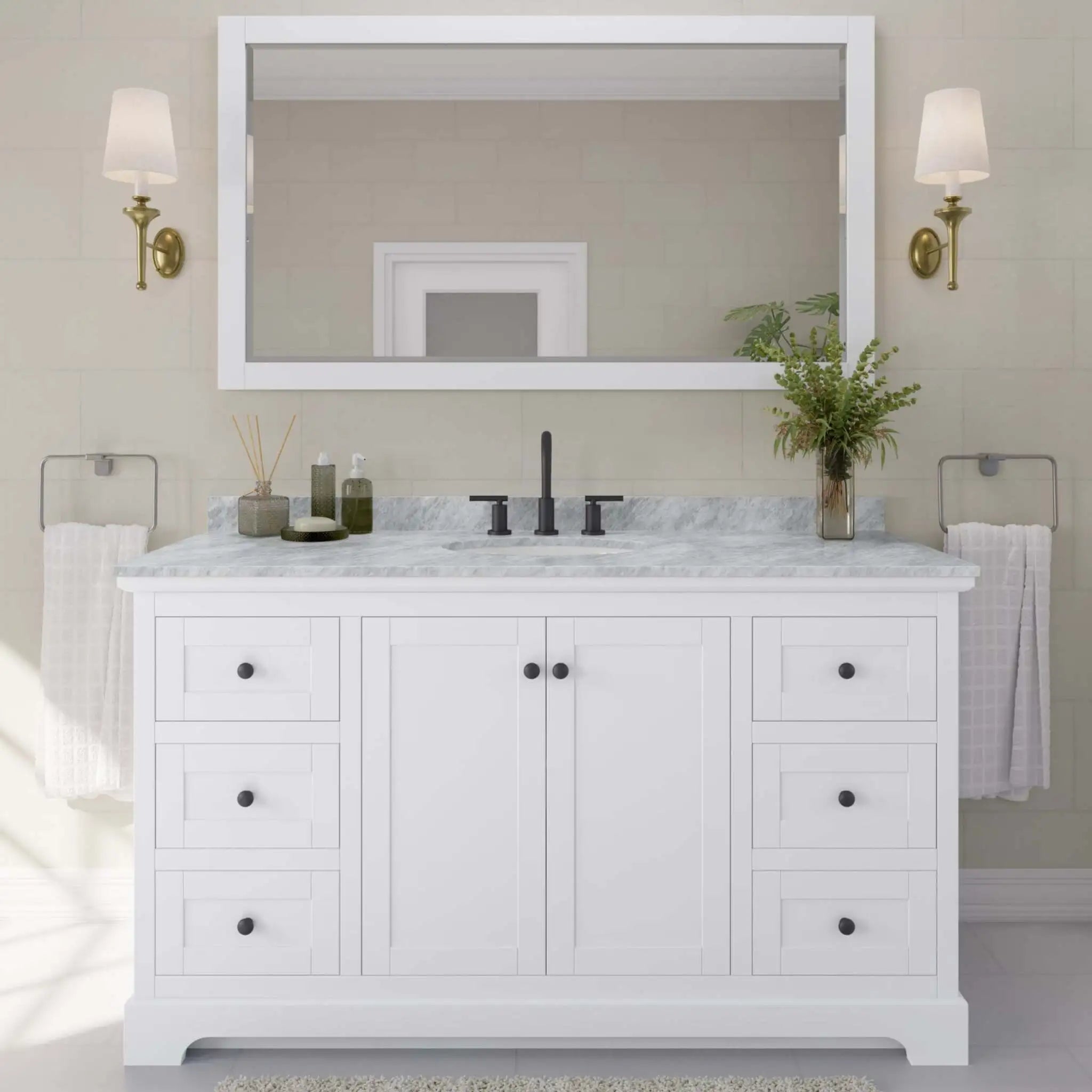 60" Avery Single Bathroom Vanity in White with Matte Black Trim & 58" Mirror by Wyndham