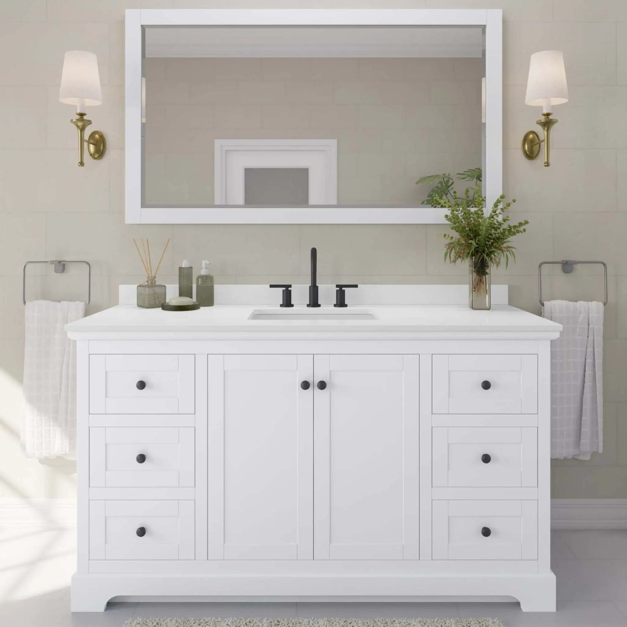 60" Avery Single Bathroom Vanity in White with Matte Black Trim & 58" Mirror by Wyndham