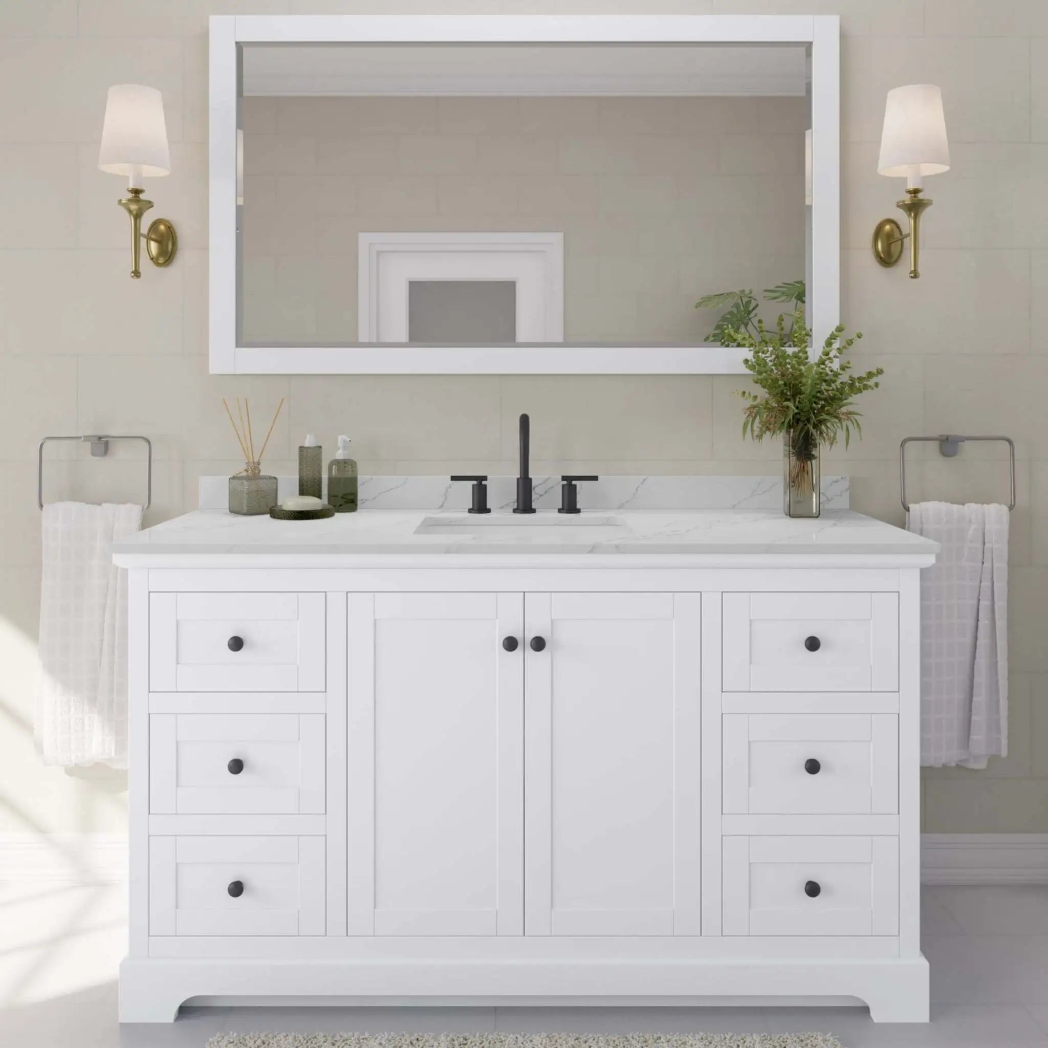 60" Avery Single Bathroom Vanity in White with Matte Black Trim by Wyndham