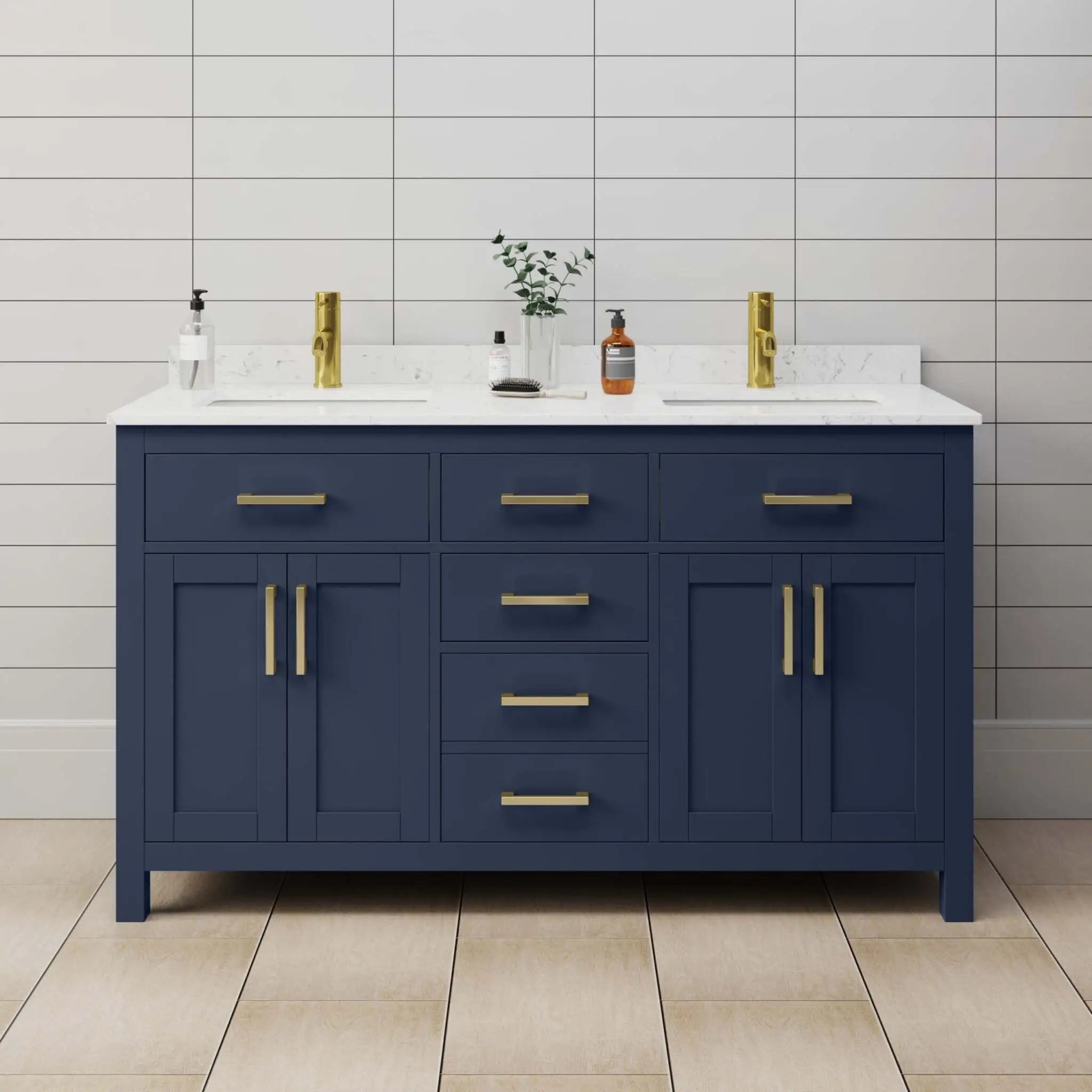 60" Beckett Double Bathroom Vanity in Dark Blue with Brushed Gold Trim by Wyndham