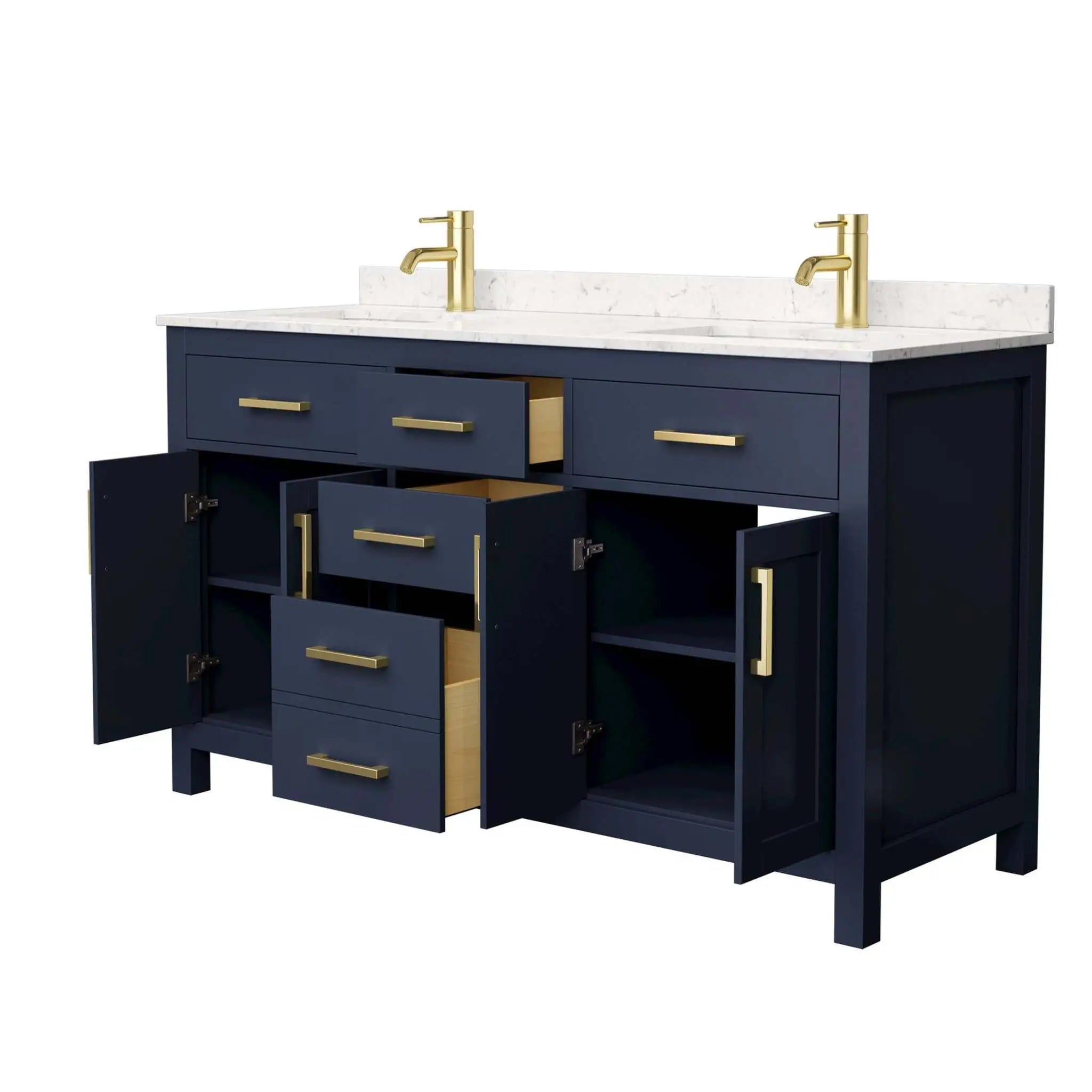 60" Beckett Double Bathroom Vanity in Dark Blue with Brushed Gold Trim by Wyndham