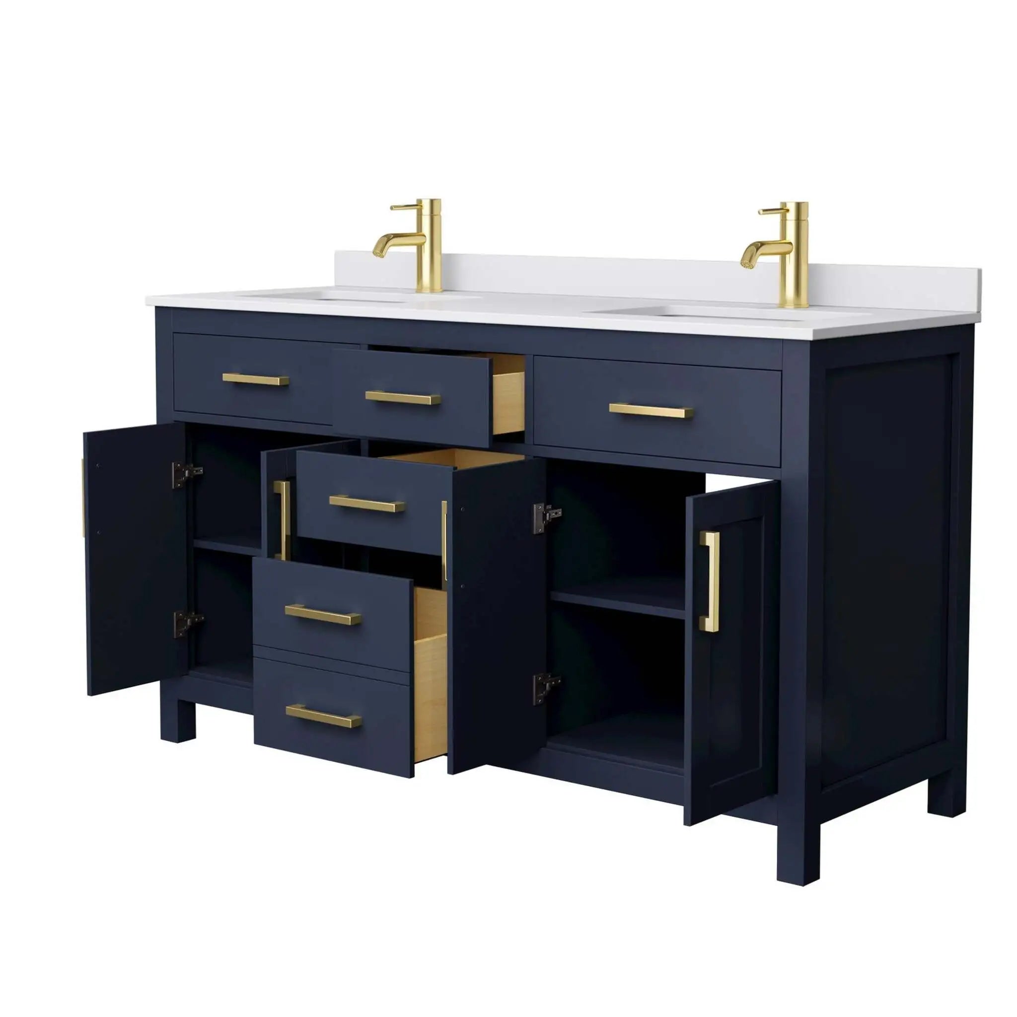 60" Beckett Double Bathroom Vanity in Dark Blue with Brushed Gold Trim by Wyndham