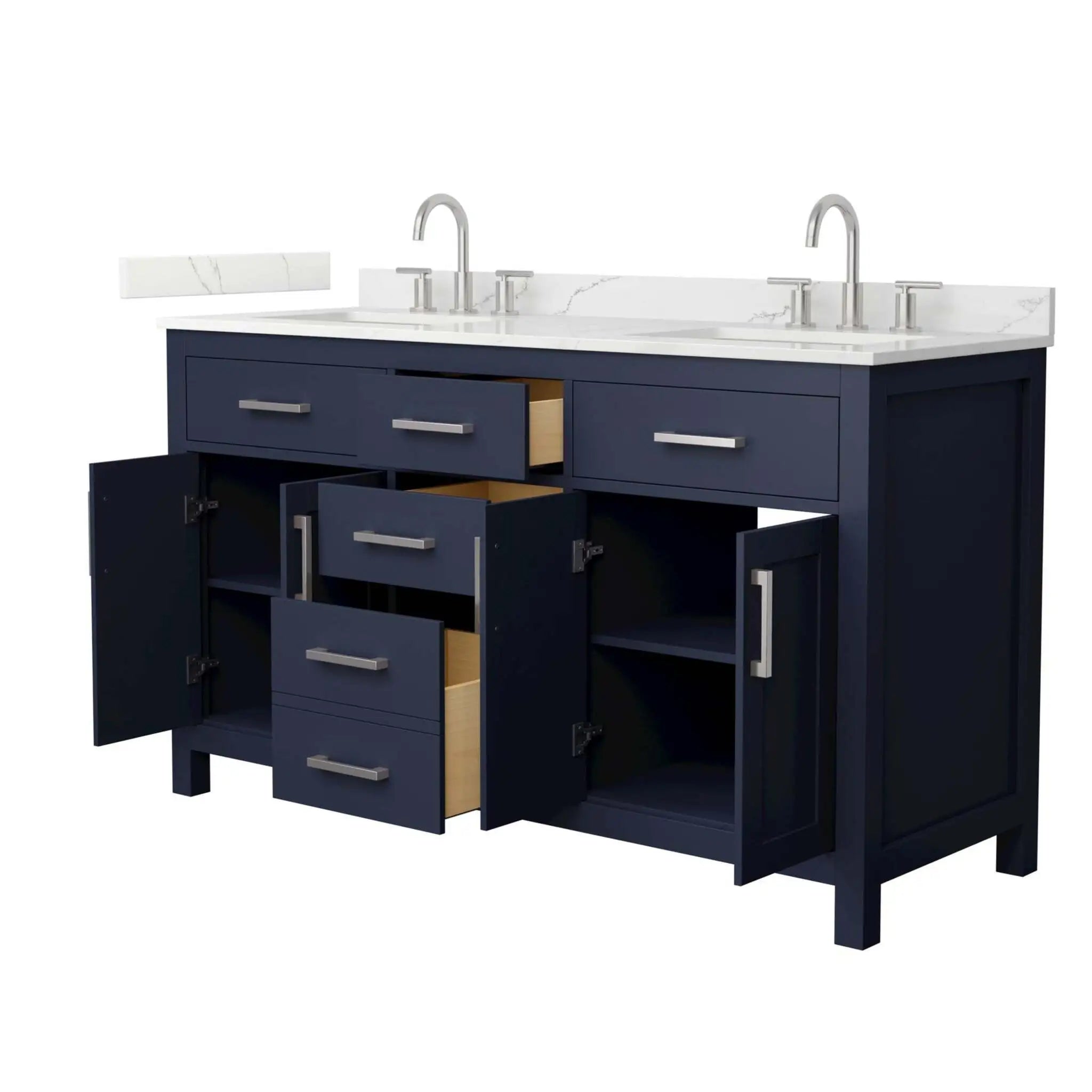60" Beckett Double Bathroom Vanity in Dark Blue with Brushed Nickel Trim by Wyndham