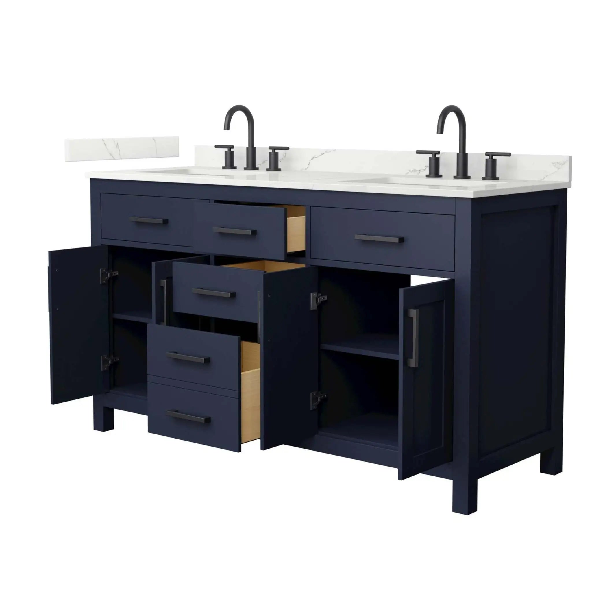 60" Beckett Double Bathroom Vanity in Dark Blue with Matte Black Trim by Wyndham