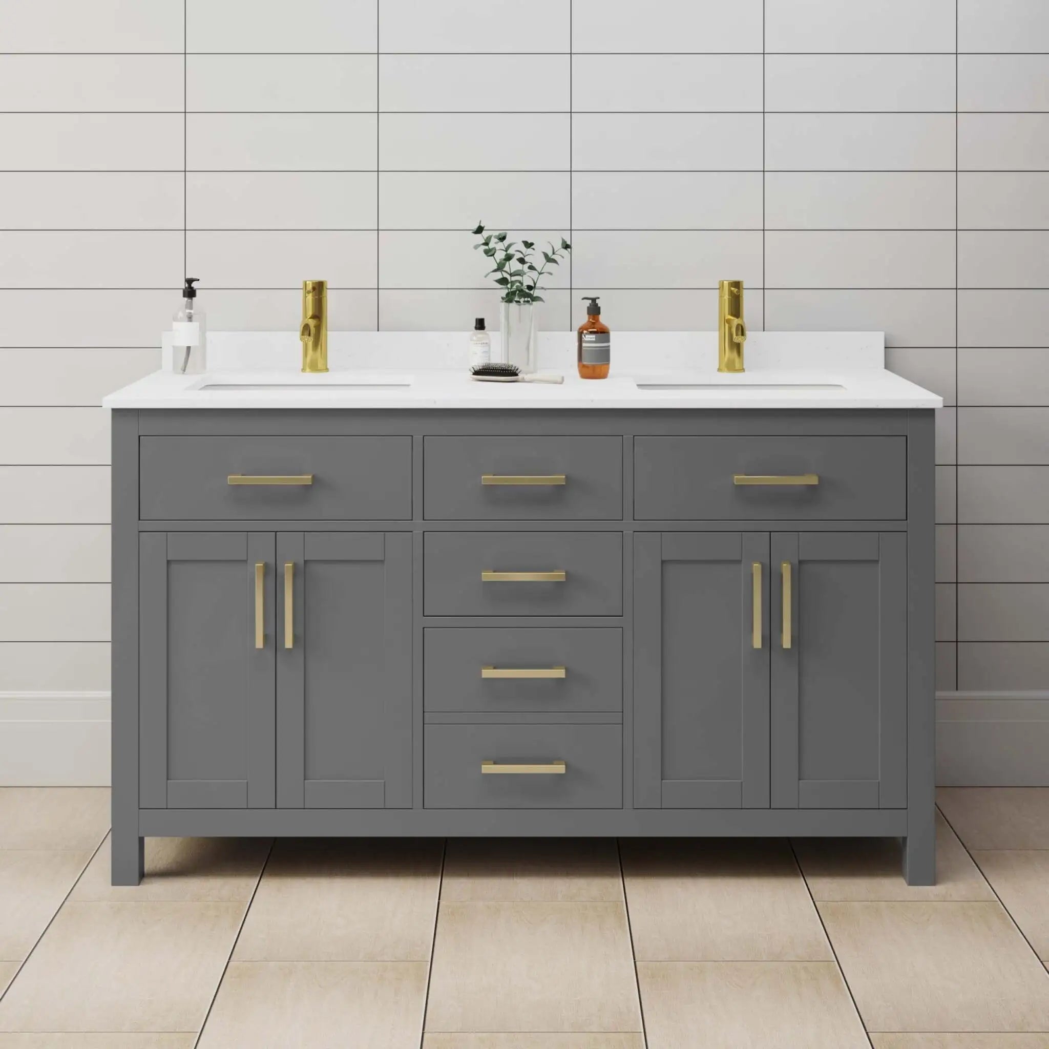 60" Beckett Double Bathroom Vanity in Dark Gray with Brushed Gold Trim by Wyndham