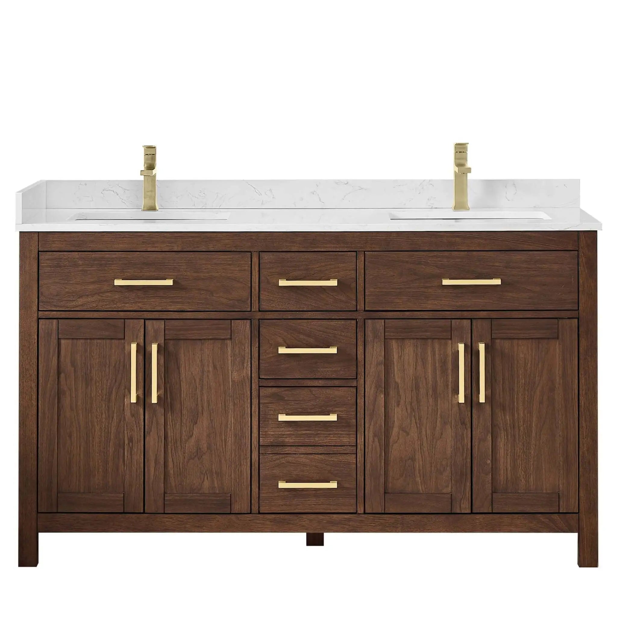 60" Beckett Double Bathroom Vanity in Dark Walnut with Brushed Gold Trim by Wyndham
