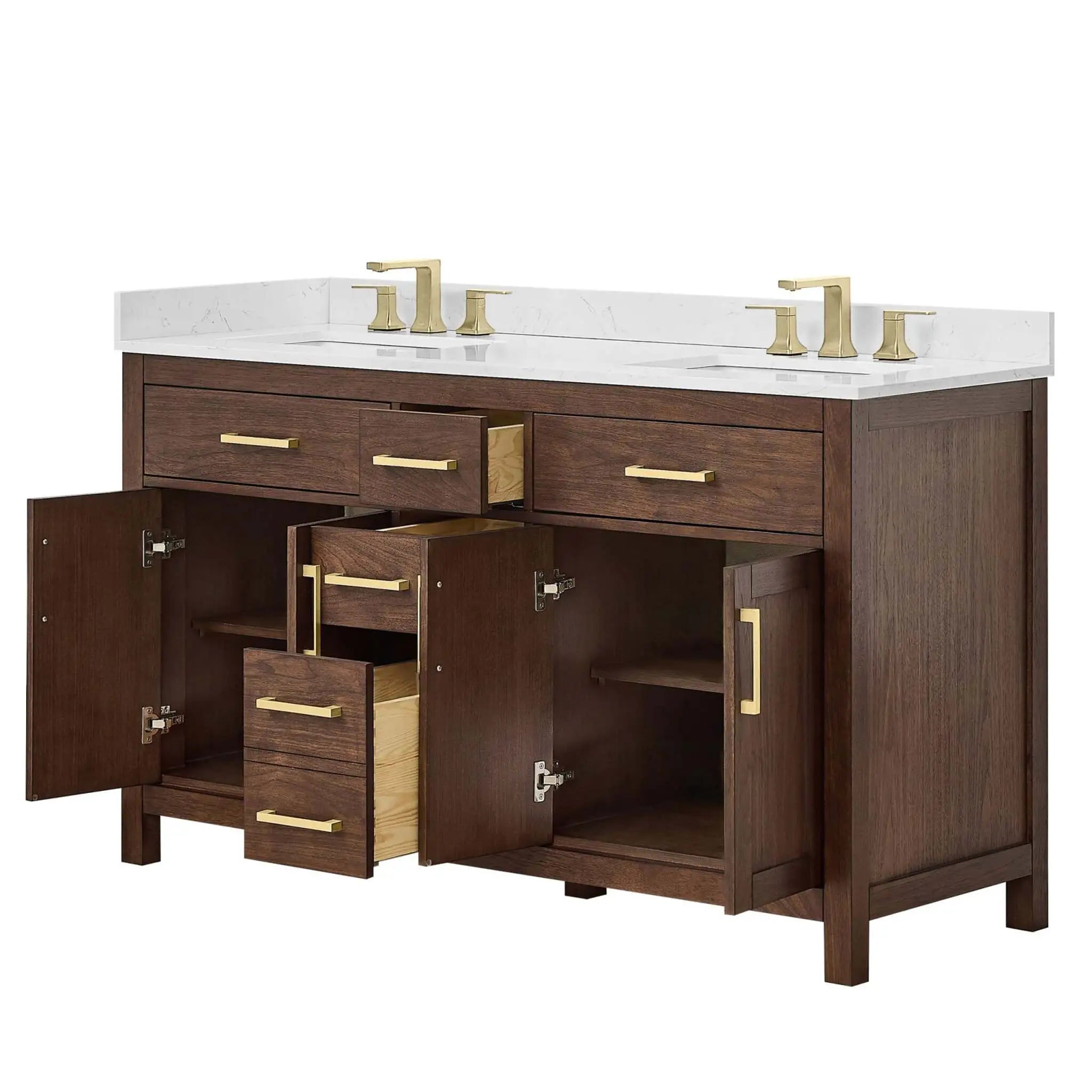 60" Beckett Double Bathroom Vanity in Dark Walnut with Brushed Gold Trim by Wyndham