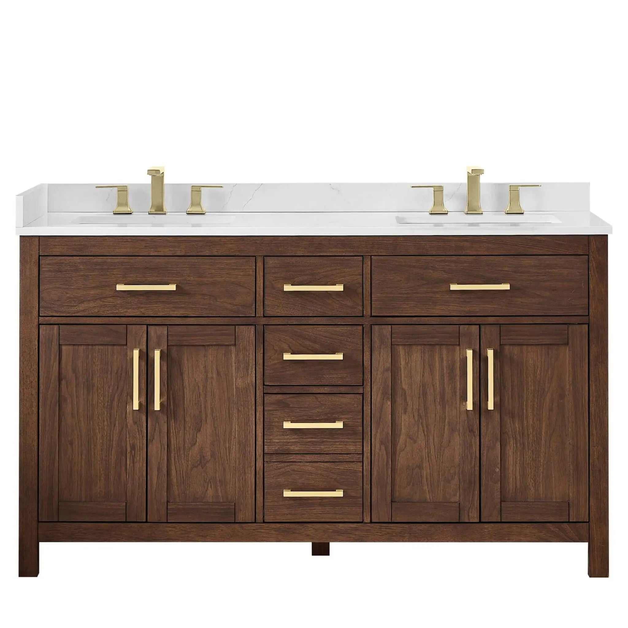 60" Beckett Double Bathroom Vanity in Dark Walnut with Brushed Gold Trim by Wyndham