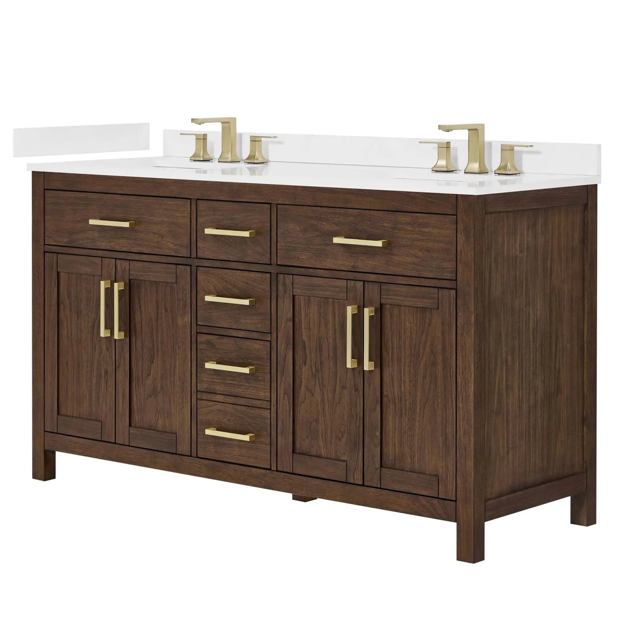 60" Beckett Double Bathroom Vanity in Dark Walnut with Brushed Gold Trim by Wyndham