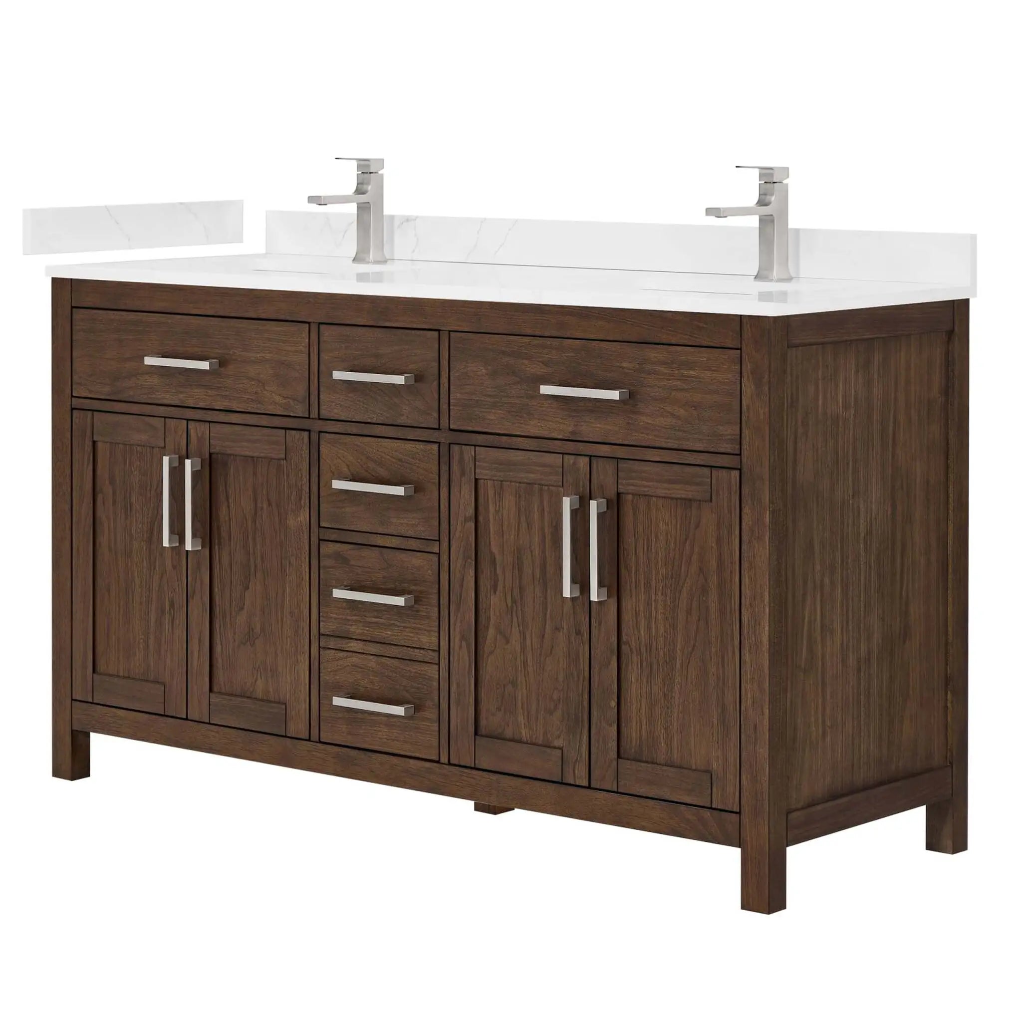 60" Beckett Double Bathroom Vanity in Dark Walnut with Brushed Nickel Trim by Wyndham