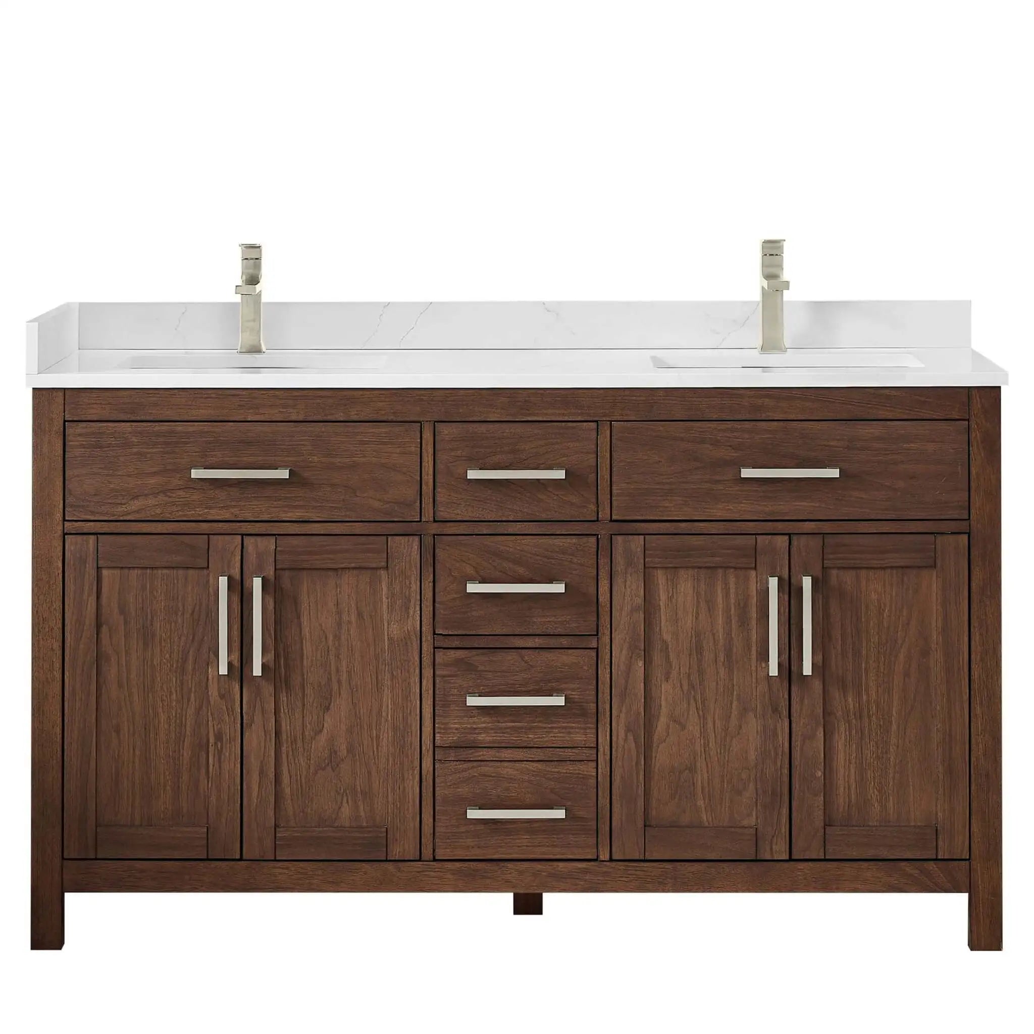 60" Beckett Double Bathroom Vanity in Dark Walnut with Brushed Nickel Trim by Wyndham